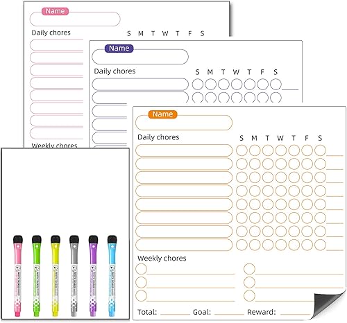 Tabla magnética de tareas familiares de responsabilidad de borrado en seco, 3 piezas de lista de tareas (10 x 10 pulgadas) y 1 pizarra blanca en