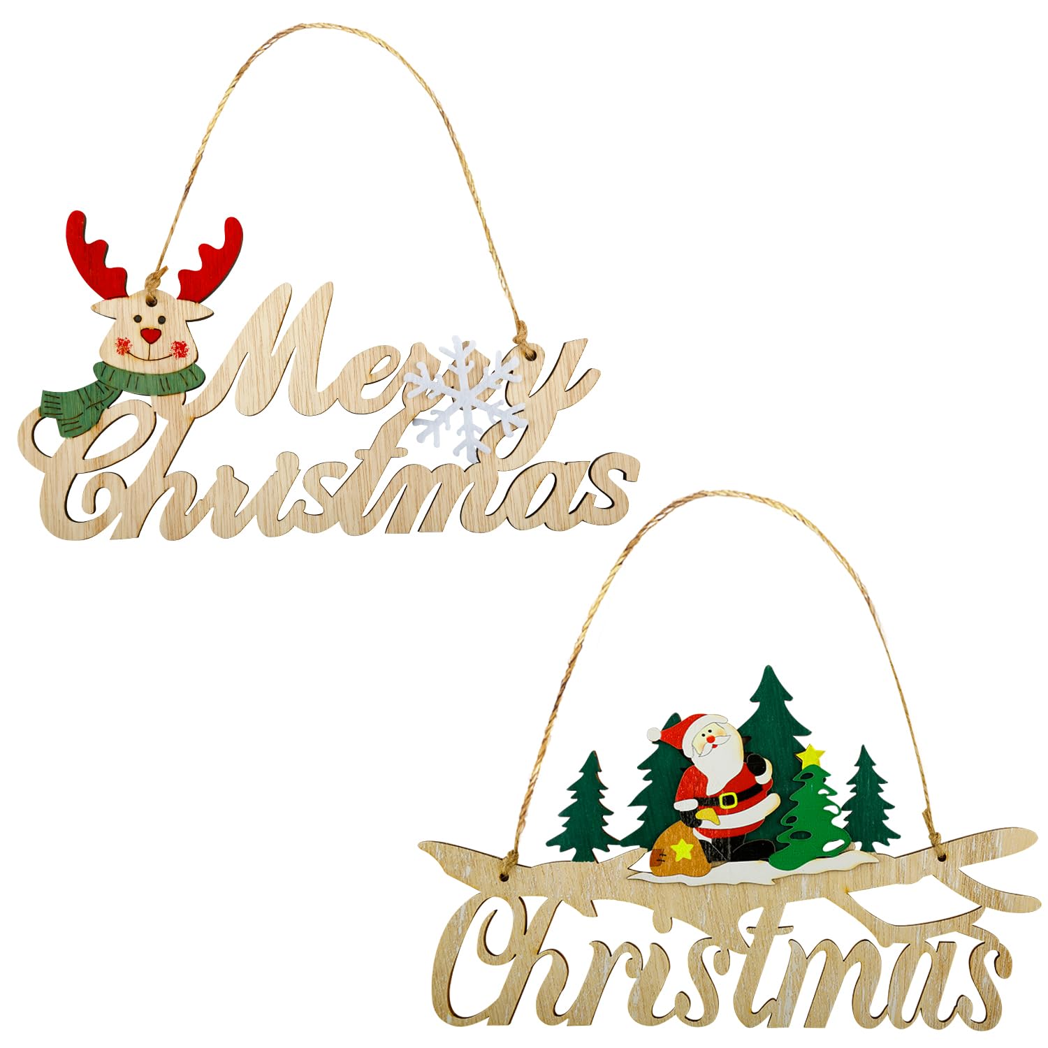 Rumyvve Merry Christmas Wooden Hanging Sign, Santa Reindeer Xmas Ornaments Indoor Outdoor
