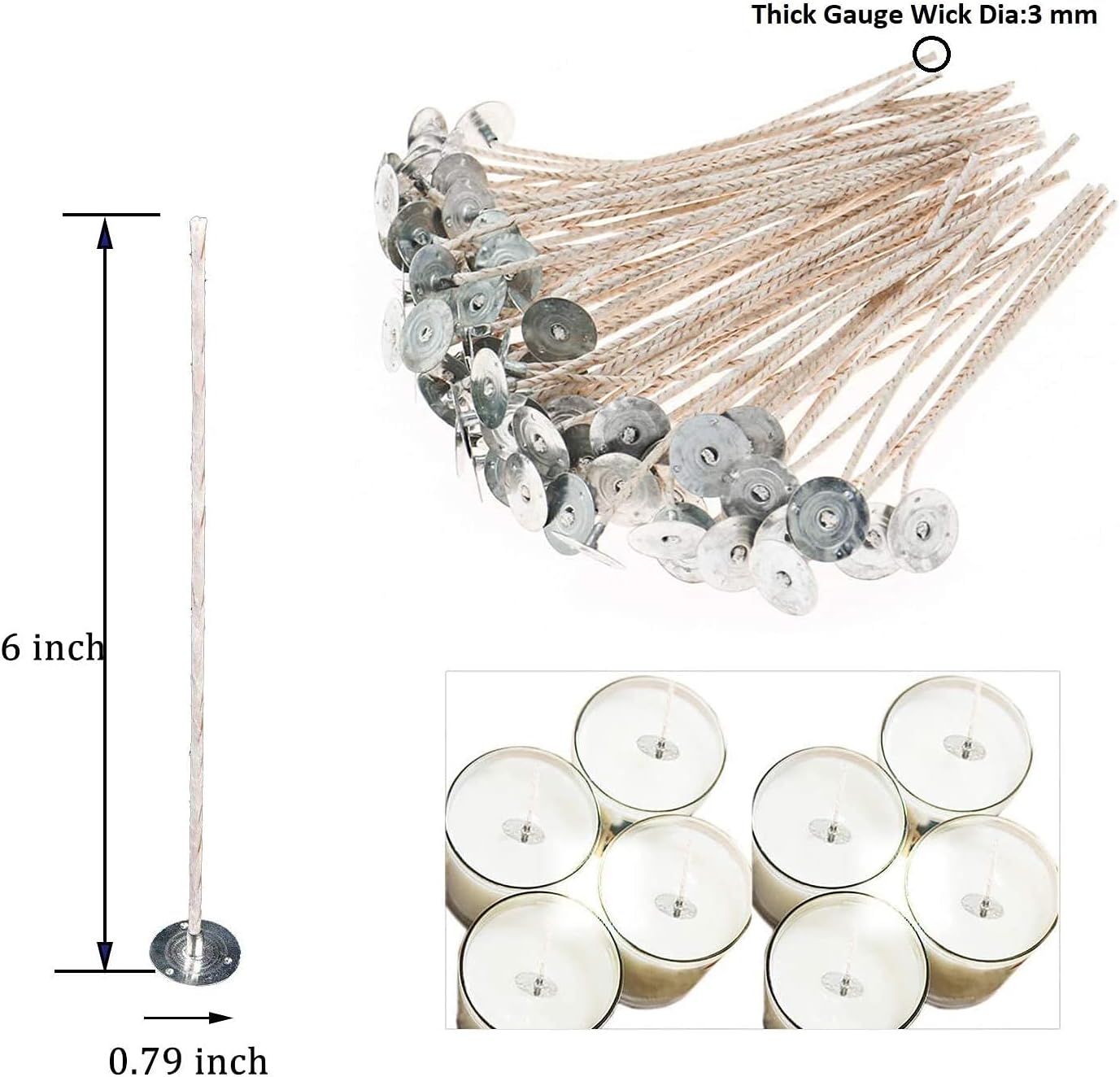 100pcs Eco Wicks for Soy Candles, 6 inch Pre-Waxed Candle Wick for Candle Making,Thick Candle Wick with Base