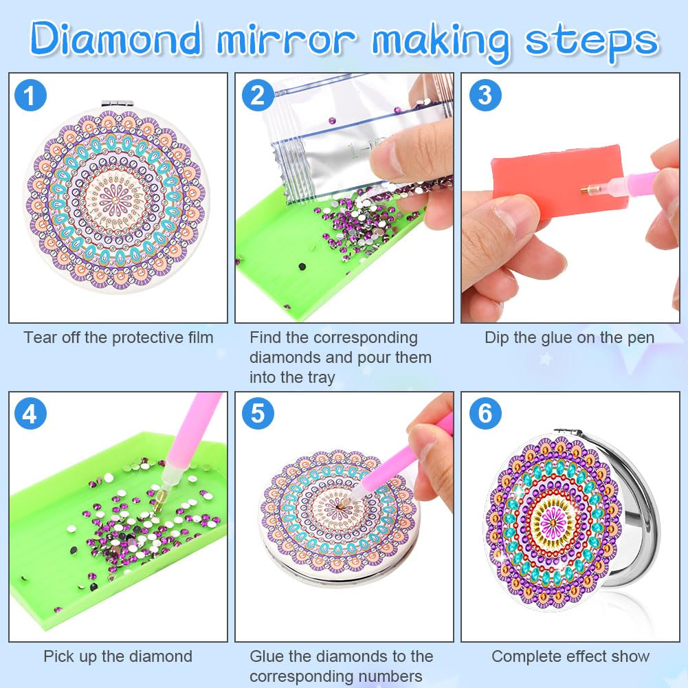 AUAUY 4-Piece Compact Mirrors, 5D DIY Mandala Diamond Art, Portable Folding Makeup Mirror - Image 3