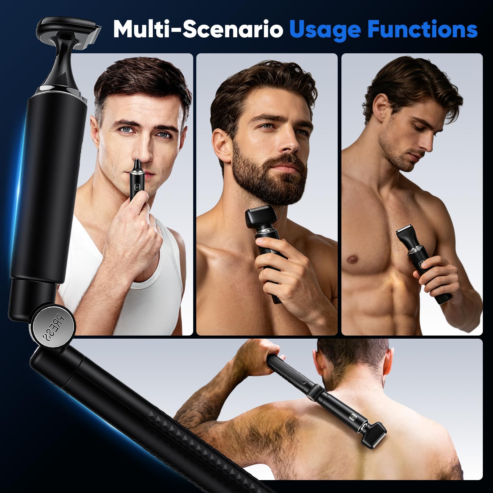 Rasoir électrique pour Le Dos pour Hommes, 5 en 1 Tondeuse Intime Homme, Tondeuse pour Hommes avec Extensible poignée, étanche IPX7 et écran LED, Tondeuse à Poils corporels sans Fil