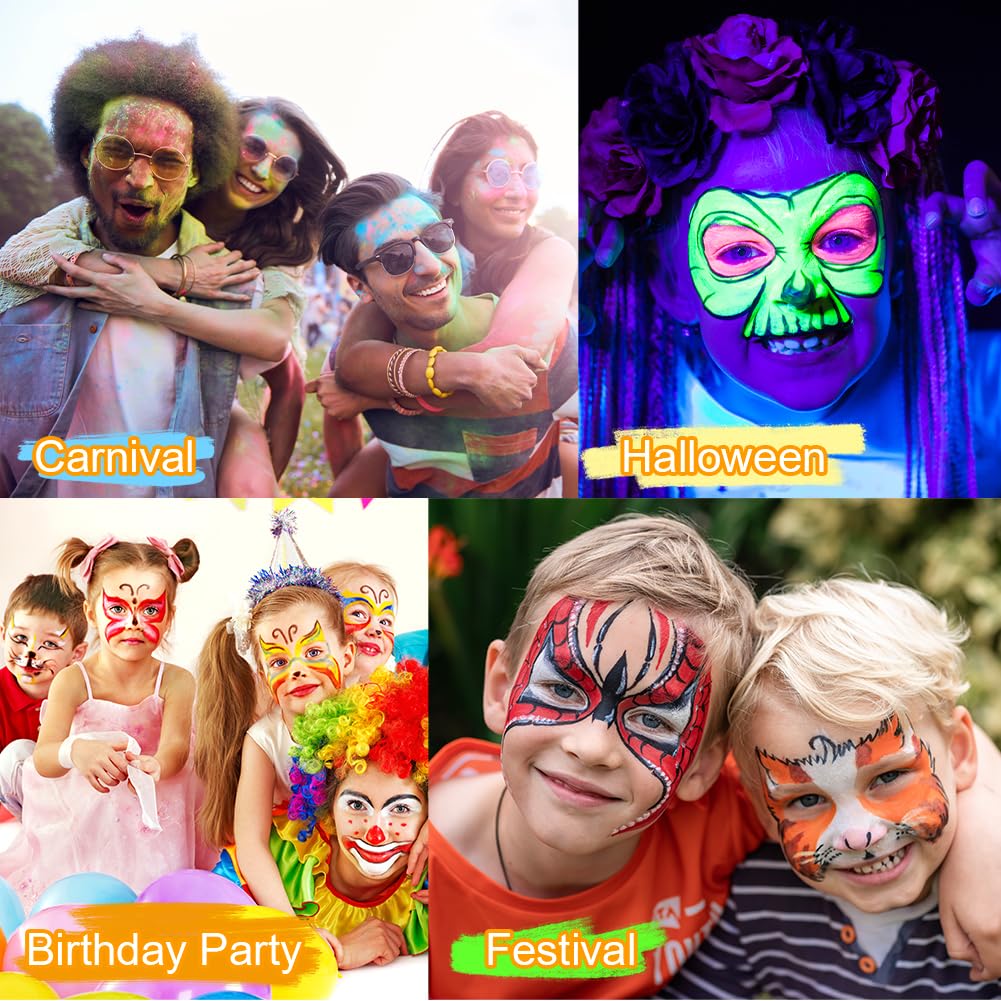 URAQT Farby do twarzy dla dziecko, 8 kolorów fluorescencyjnych UV, bezpieczna nietoksyczna farba do ciała i twarzy, brzucha ciążowego, na Halloween, święta, Cosplay