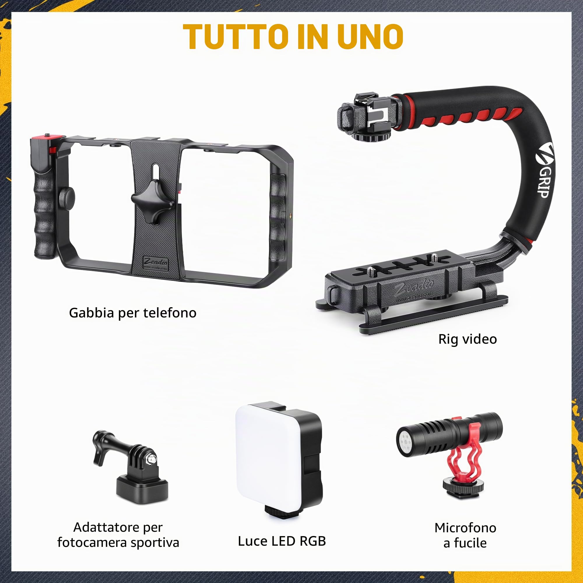 Zeadio Kit Video Rig Tutto in Uno con Stabilizzatore per Smartphone, Gabbia, Luce RGB, Microfono e Adattatore Action Camera, Compatibile con Smartphone, Action Cam, Videocamere, ecc