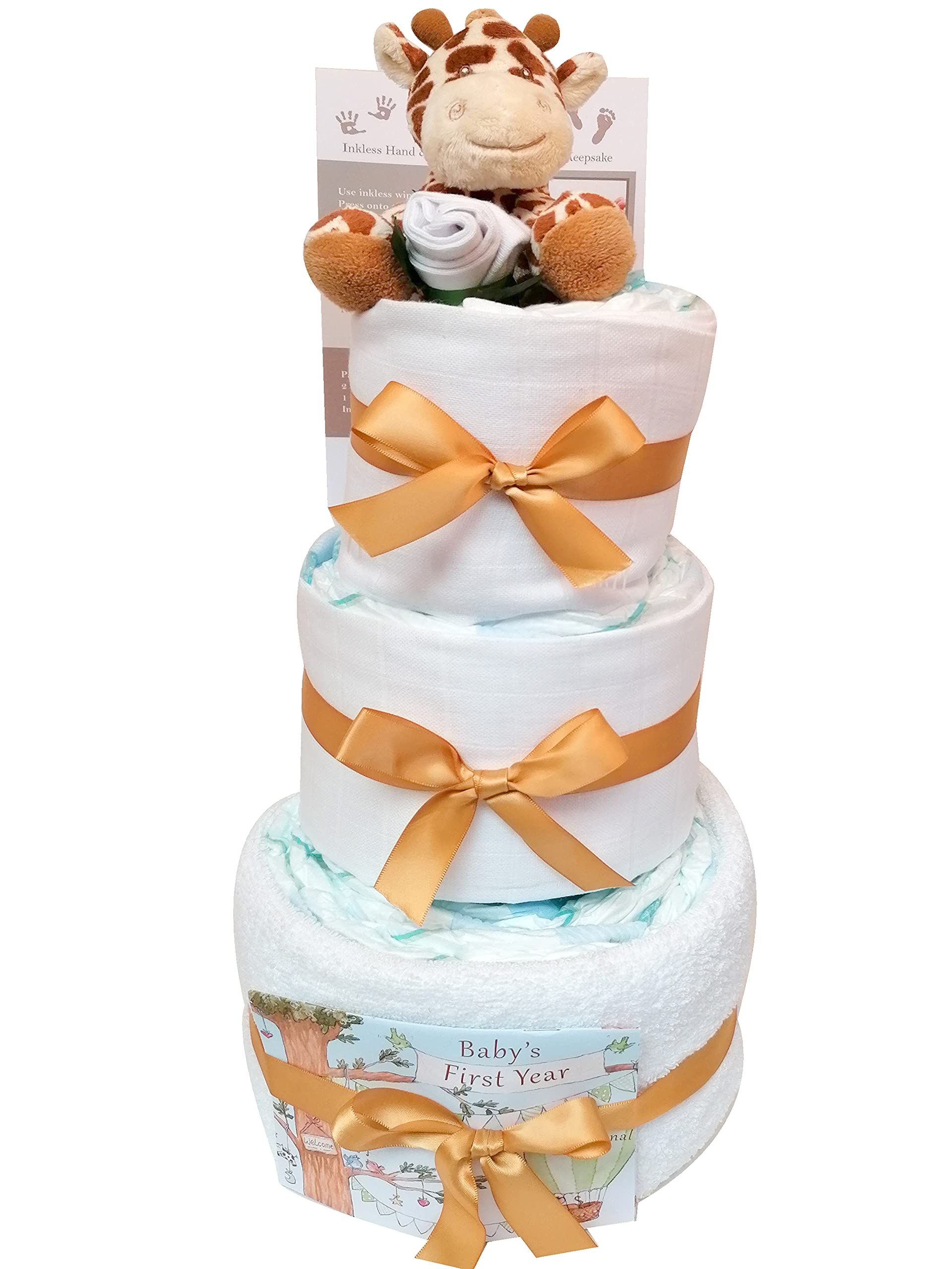 3 Tier New Baby Gift Giraffe Nappy Cake Gift Hamper Set for Baby Shower Present New Baby Girl or boy Present for New Parents