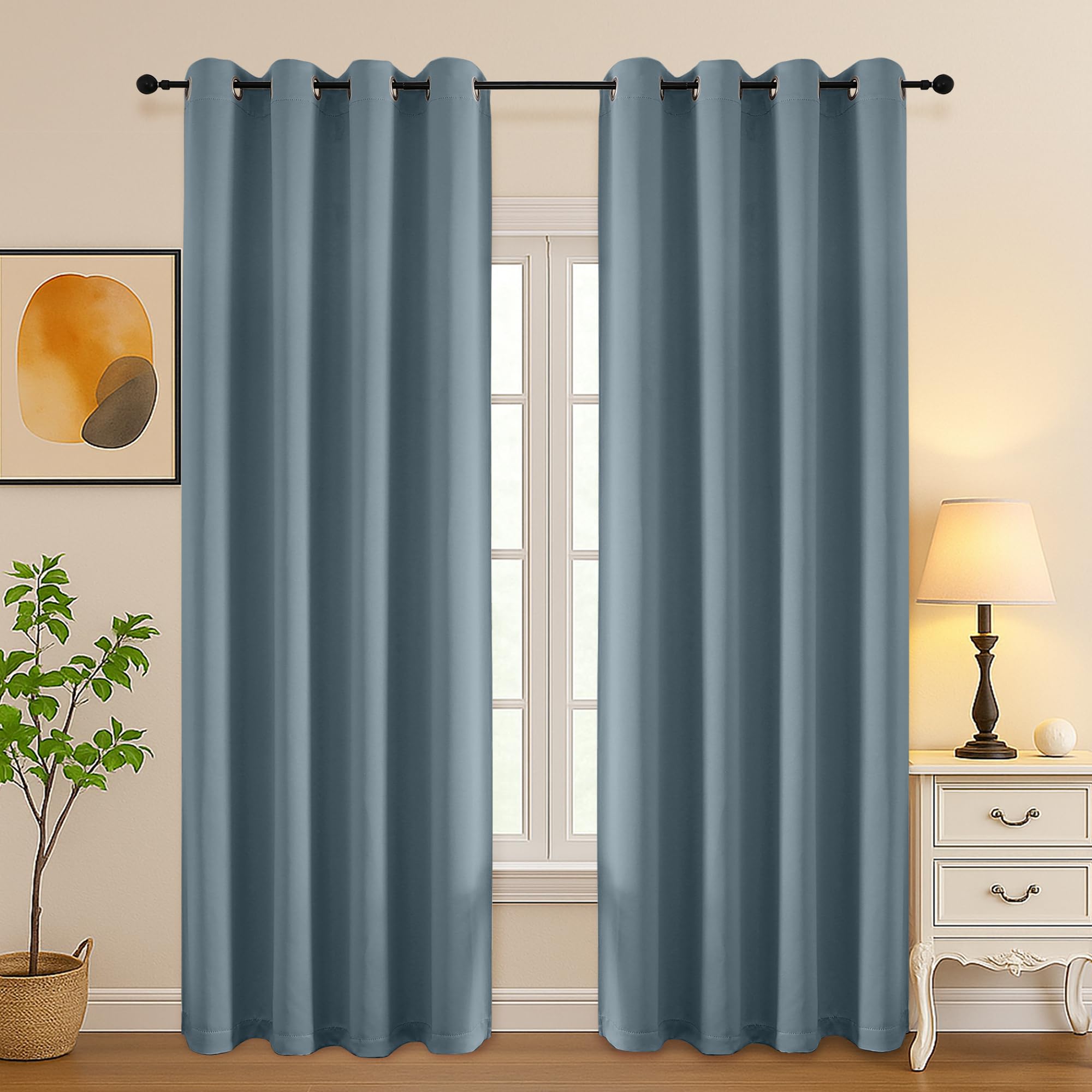 Simplebrand Stone Blue Curtains for Bedroom Living Room 90 Inches Long 2 Panels Set, Room Darkening Thermal Insulated Curtains &amp; Drapes, Solid Grommet Noise Reducing Window Treatment, W50 x L90 Inch