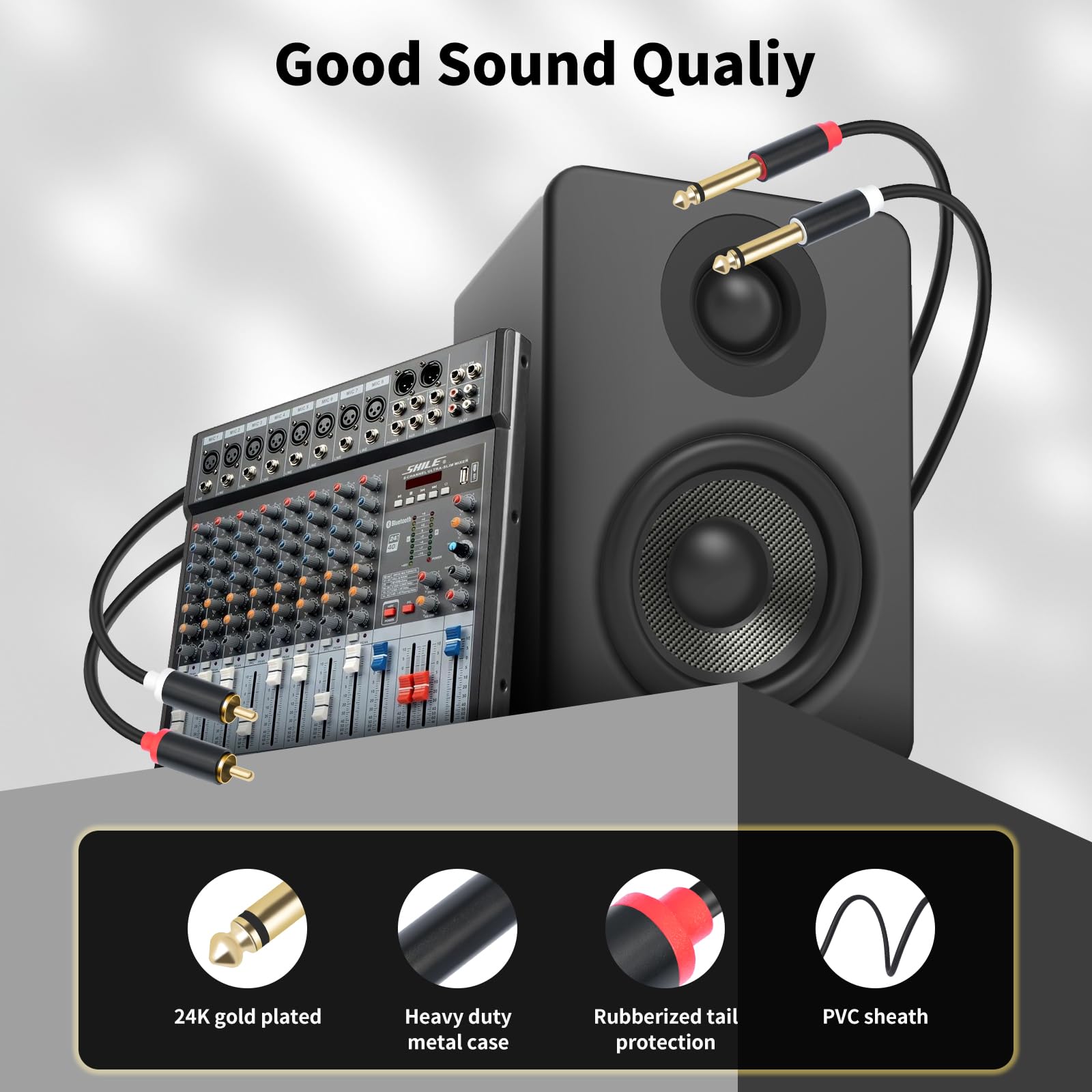 Cavo di interconnessione audio stereo doppio da 1/4 TS a doppio RCA, 1,5 m, guscio in rame placcato oro, resistente, 2 x 6,35 mm maschio TS a 2 RCA maschio cavo adattatore