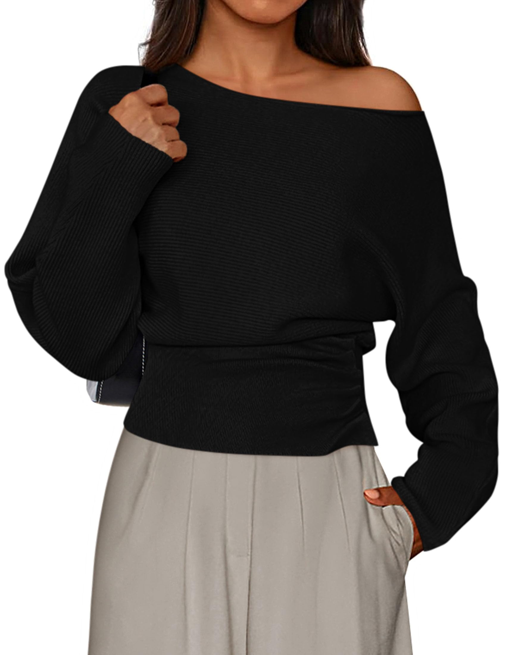 PRETTYGARDEN Women Off The Shoulder Sweater 2026 Fall Trendy Long Batwing Sleeve Knit Pullover Going Out Tops Winter