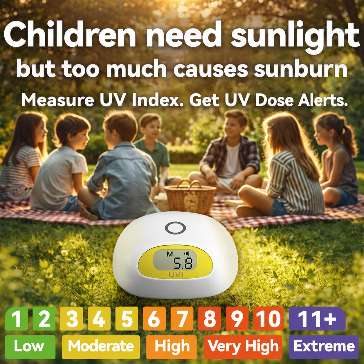 Medidor de índice UV solar con recordatorio de dosis UV. Emite pitido de alerta al alcanzar el límite de dosis UV seleccionado. Sin límite de usos