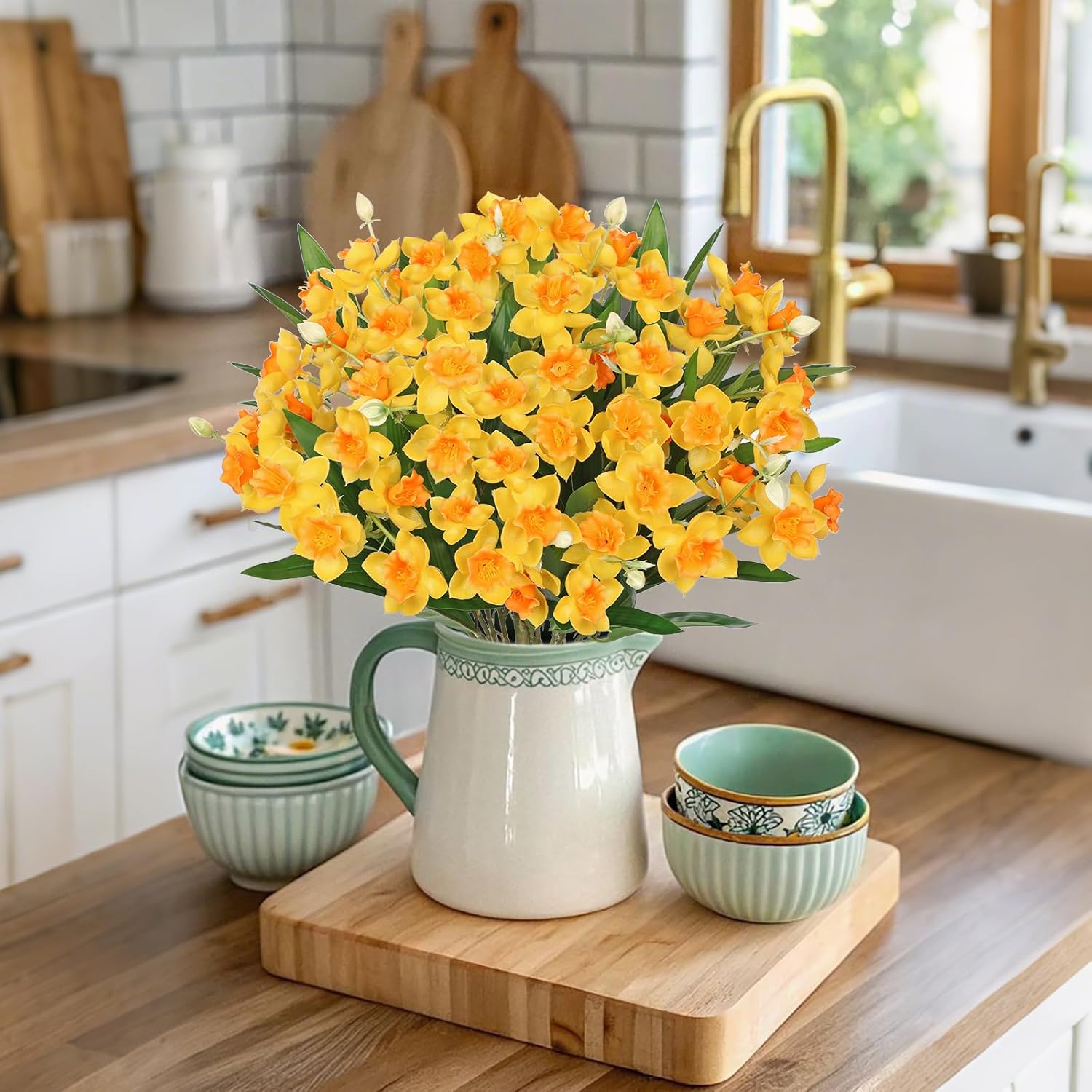 15" Artificial Daffodil Bouquets Set of 3, Faux Narcissus Flowers with Green Leaves & Unbloomed Buds, Fake Yellow Flowers for Home & Office Decor (Vase Not Included) - Image 6