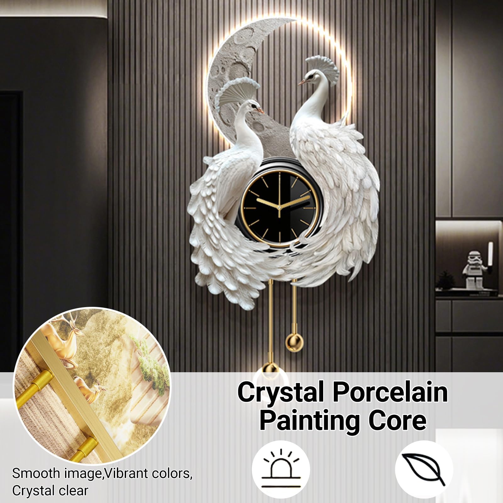 Orologio da parete 3D a forma di pavone con luce LED, orologio decorativo moderno con movimento silenzioso, scultura in porcellana di cristallo per ingresso soggiorno, 50 x 100 cm