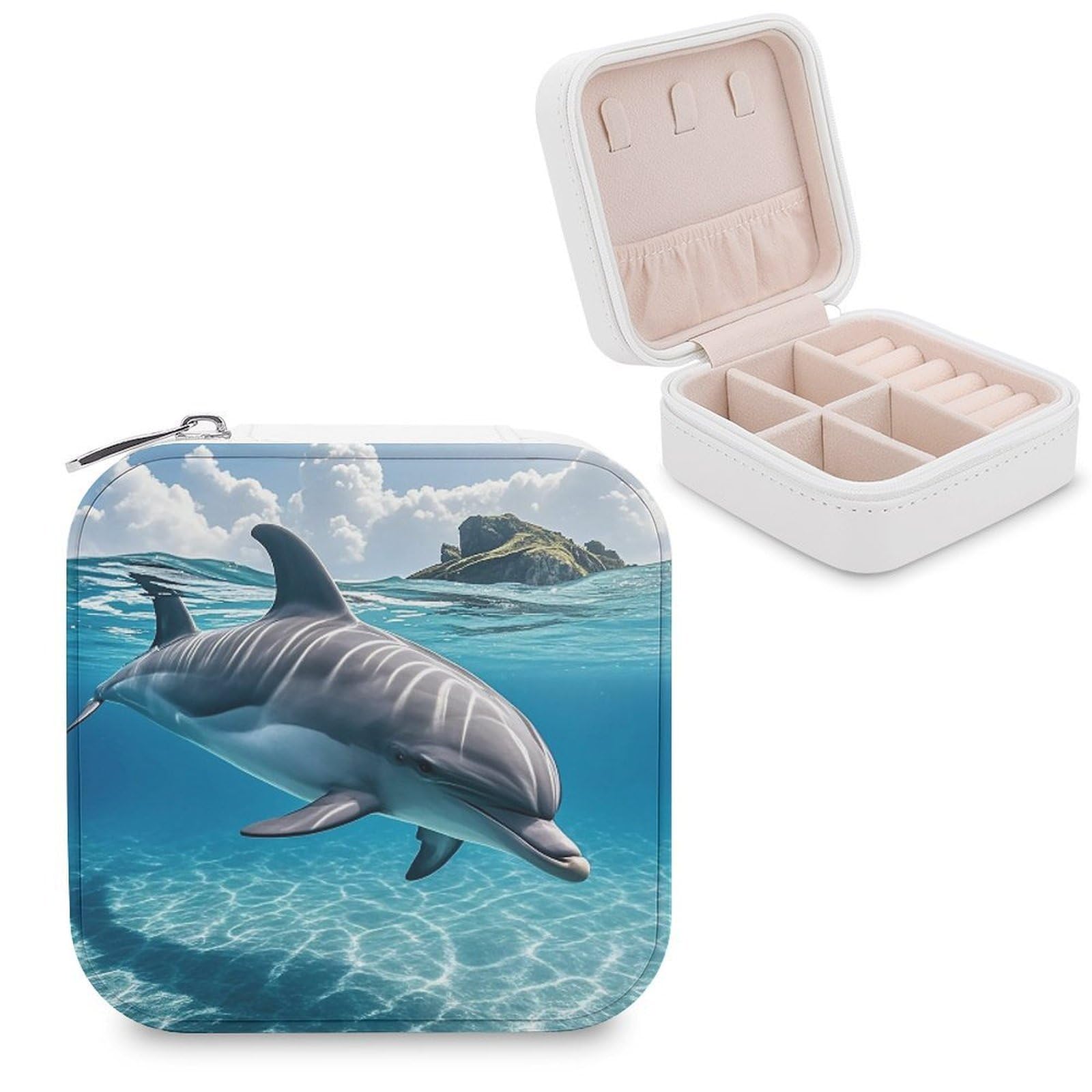LZQPOEAS Dolphin In The Ocean Jewelry Box Mini Jewelry Travel Case Trendy Stuff Ring Box Custom PU Leather Jewelry Boxes Portable Jewelry Case Earring Storage Organizer for Girls Women