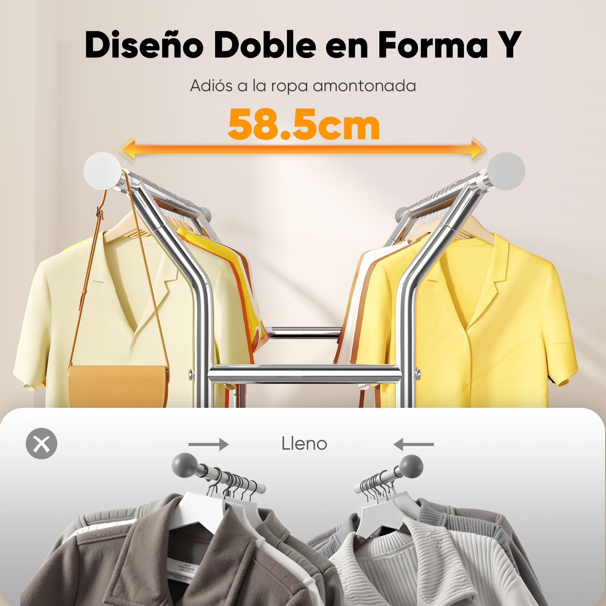 HOKEEPER Burro de Ropa Resistente de Doble Barra con Ruedas, 283kg, con Cesta de Tela y Estante, Extensible - Ideal para Dormitorio, Boutique | Perchero de pared con 4 ruedas, 2 bloqueos, fácil de montar, duradero