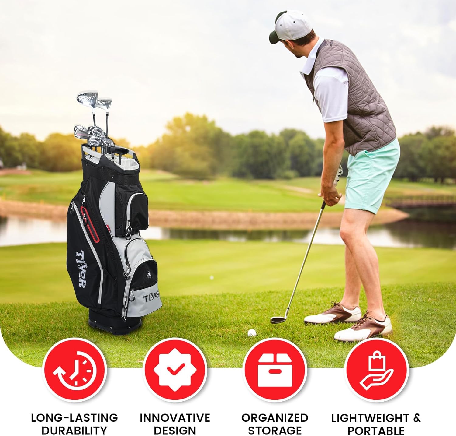 TIVOR Golf Cart Bag 15-Way Dividers, 12 Pockets, Premium Silent Design with Rain Hood - Black & Gray