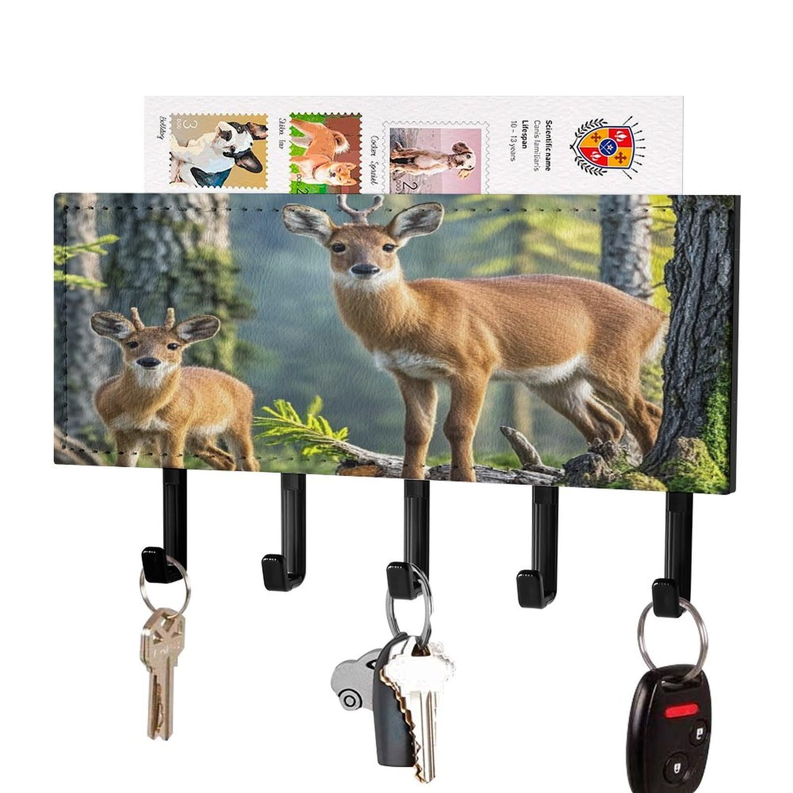FekiLoot Animals and Woodland Key Holder Wall Mount Key and Mail Holder Key Hanger with 5 Hooks Decorative PU Key Rack Hanging Key Hooks for Wall Living Room Kitchen Bathroom Hallway Black-Style