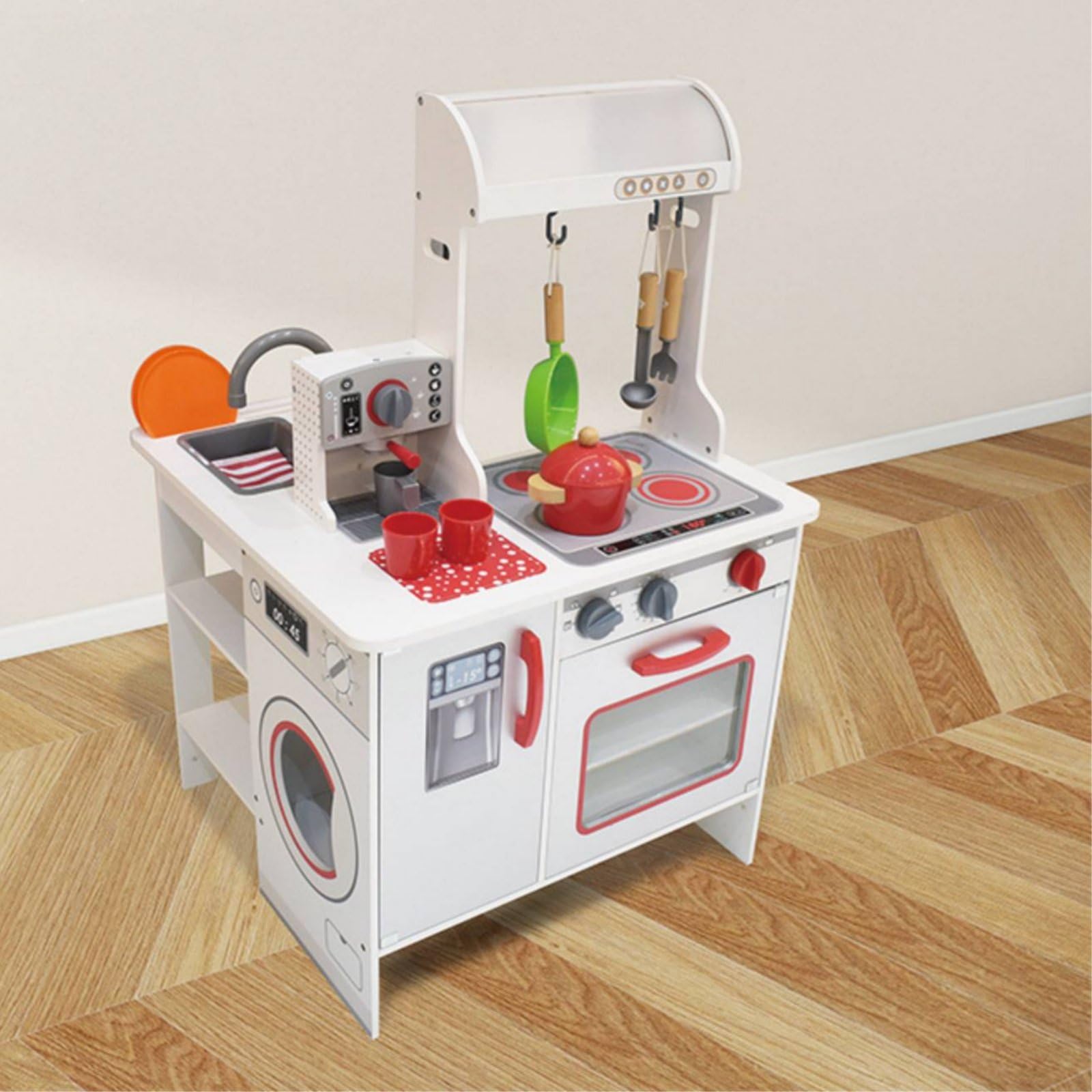 Milageto Cucina Giocattolo Bambini Finta Legno Educativa per Gioco Imitazione con Forno Lavello Frigo Postazione Bucato Macchina Caffè E