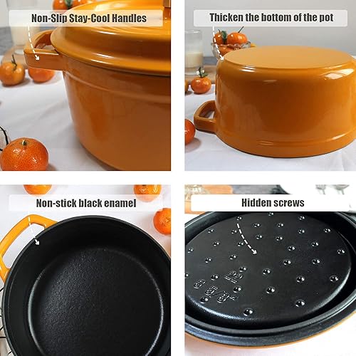Miniatura 2 de NERDOH Cacerola redonda de hierro fundido esmaltado, horno holandés de hierro fundido resistente con revestimiento de esmalte, olla múltiple para