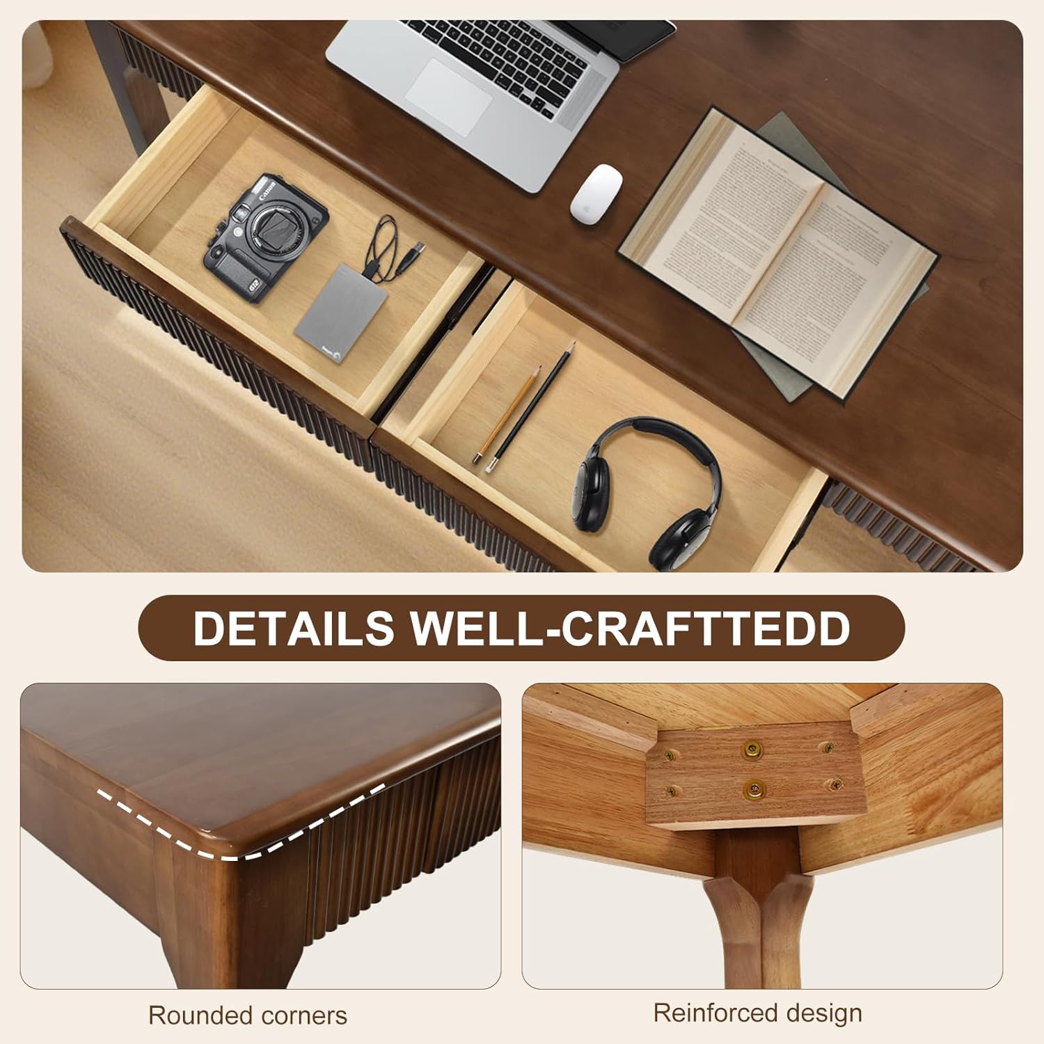 47.2'' Solid Wood Desk with 2 Drawers, Mid Century Modern Home Writing Office Wooden Desk ,Vintage Computer Table with Storage for Living Room, Bedroom, Fluted Design Brown (Walnut, 47.2 Inch) Walnut 47.2 Inch