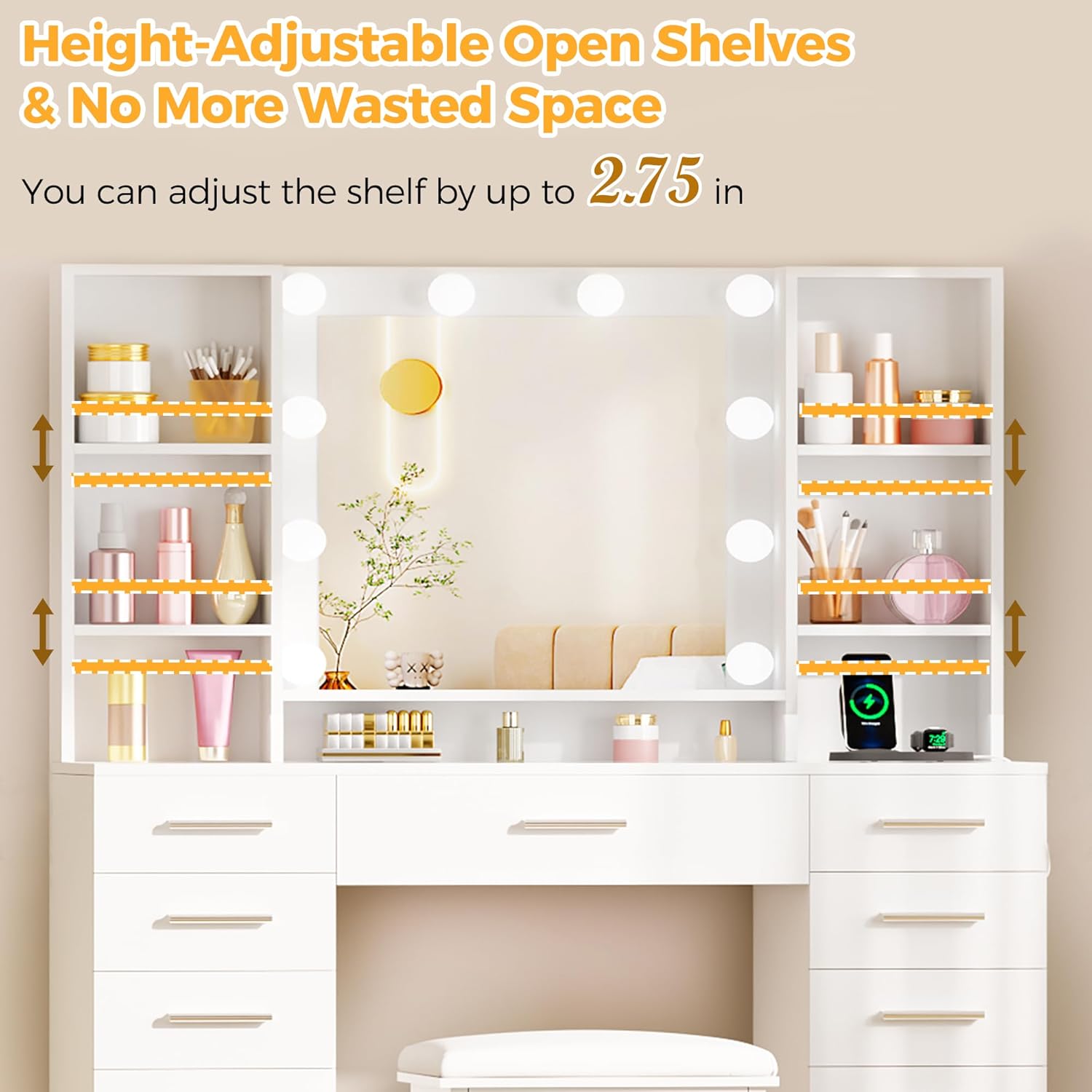 ANWBROAD Large Vanity Desk with Mirror and Lights, White Makeup Vanity Desk with Glass Top,13 Drawers,7 Open Shelves, 3 Colors Dressing Table with Stool Power Outlet for Bedroom Women UBDT18X