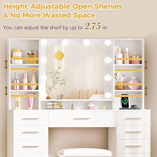 Miniatura 4 de ANWBROAD UBDT18X - Escritorio grande con espejo y luces, escritorio de maquillaje blanco con parte superior de cristal, 13 cajones, 7 estantes