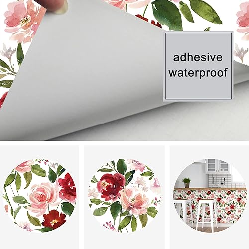 Miniatura 8 de UniGoos Papel tapiz autoadhesivo con diseño floral rojo de acuarela, papel de contacto temporal de flores rosas, papel de contacto decorativo