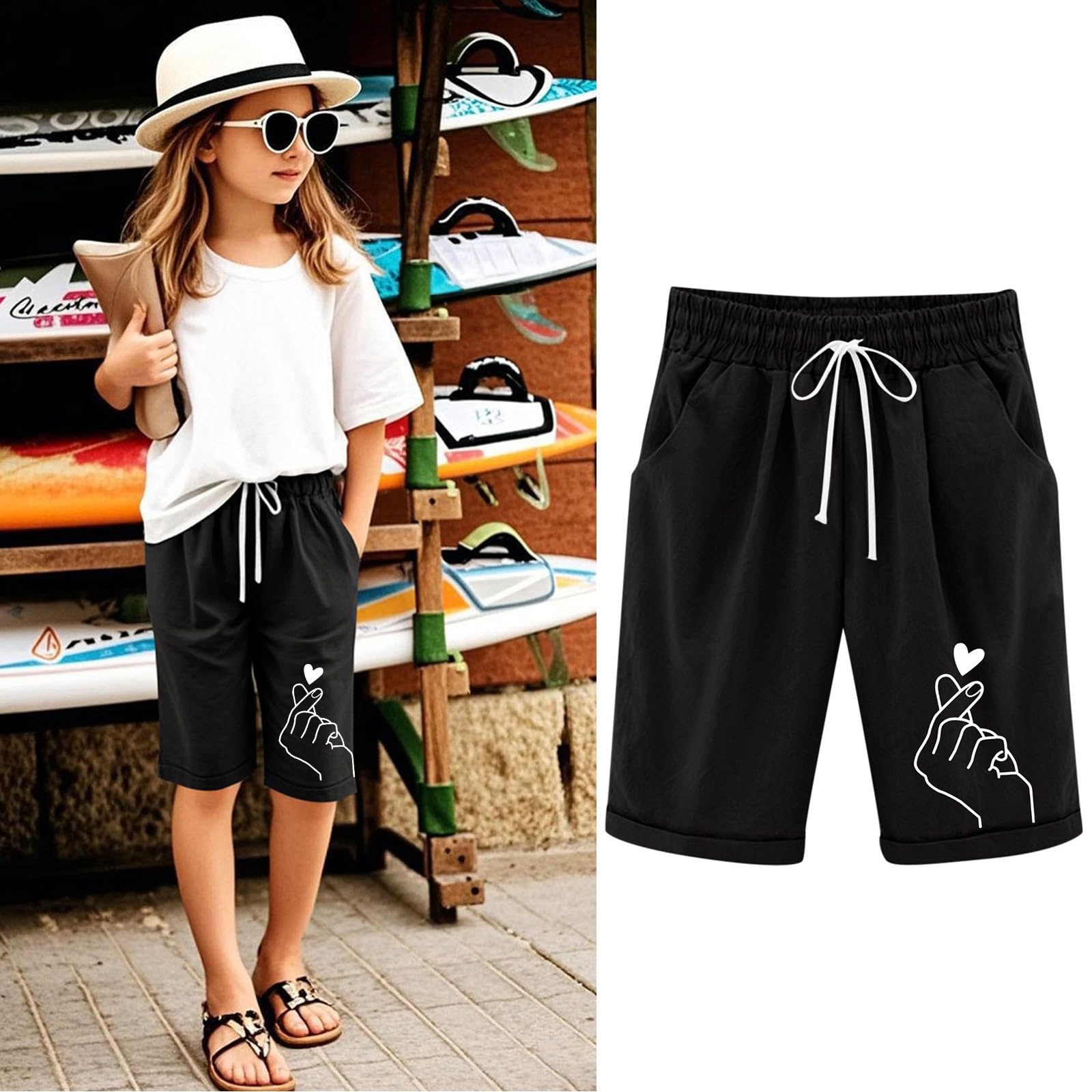 Generisch Leinenhose Kurze Mädchen Leicht Shorts Sommer Freizeit Hose Baumwolle Leinen Strandshorts Elastische Taille Sommerhose Elegant Einfarbig Stoffhose mit Taschen Sweatshorts