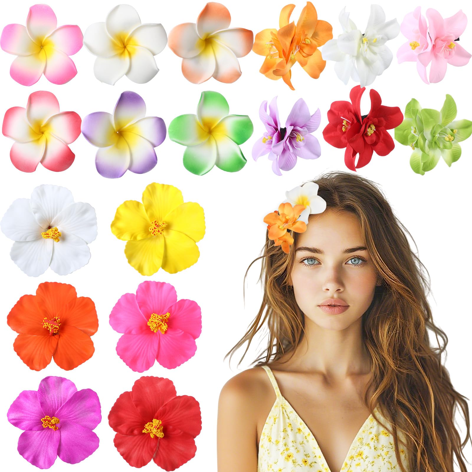 Photo 1 of Glitinsel 18 Pcs Hawaiian Flower Hair Clips for Women Plumeria Hibiscus Hairpins 3.5 Inch Artificial Tropical Flower Hair Accessories for Seaside Beach Vacation Hawaiian Bridal Wedding(Lively)