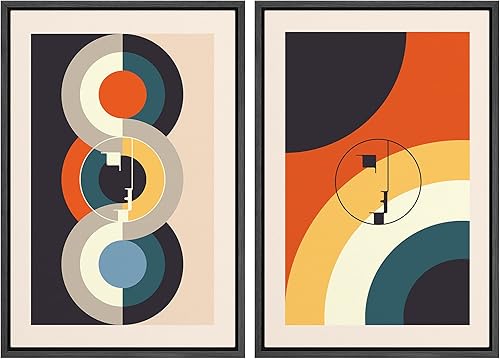 Miniatura 83 de IDEA4WALL Lienzo enmarcado para pared, juego de arte Bauhaus dorado de mediados de siglo, patrón de cuadrícula moderna, ilustraciones con formas