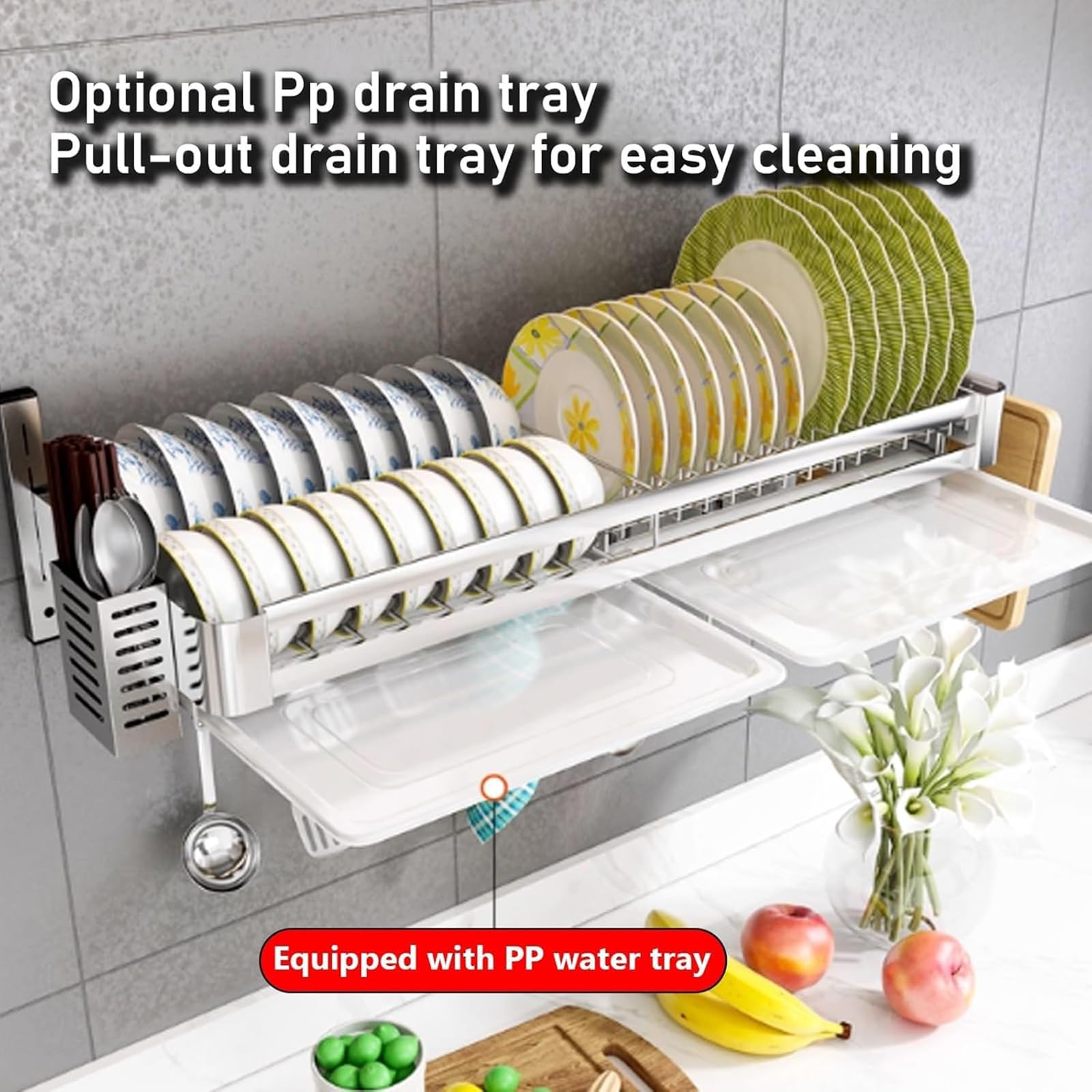 Escurridor De Platos Colgante De Montaje En Pared,con Bandeja De Goteo,estante Para Cubiertos Y Soporte Para Tabla De Cortar,estante De Cocina De Acero Inoxidable De 2 Niveles(Size:23.6x11.8x19.7in)