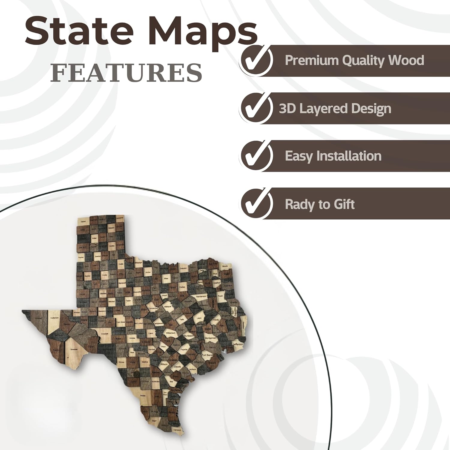3D Wooden Texas Map - Handcrafted Lone Star State Wall Art, Detailed Texas Decor for Home and Office (Mocha)