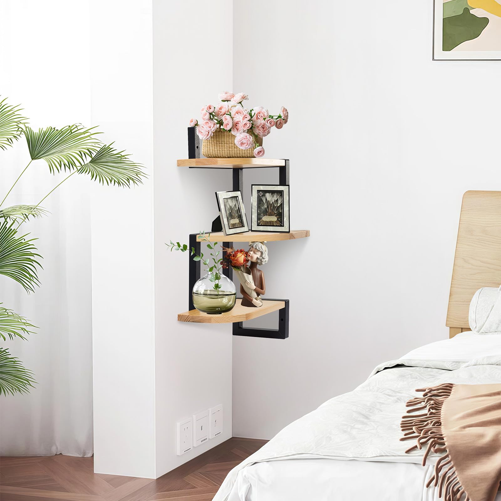 Set di 3 mensole angolari in legno rustico, marrone, per cameretta, libreria, bagno, soggiorno, cucina