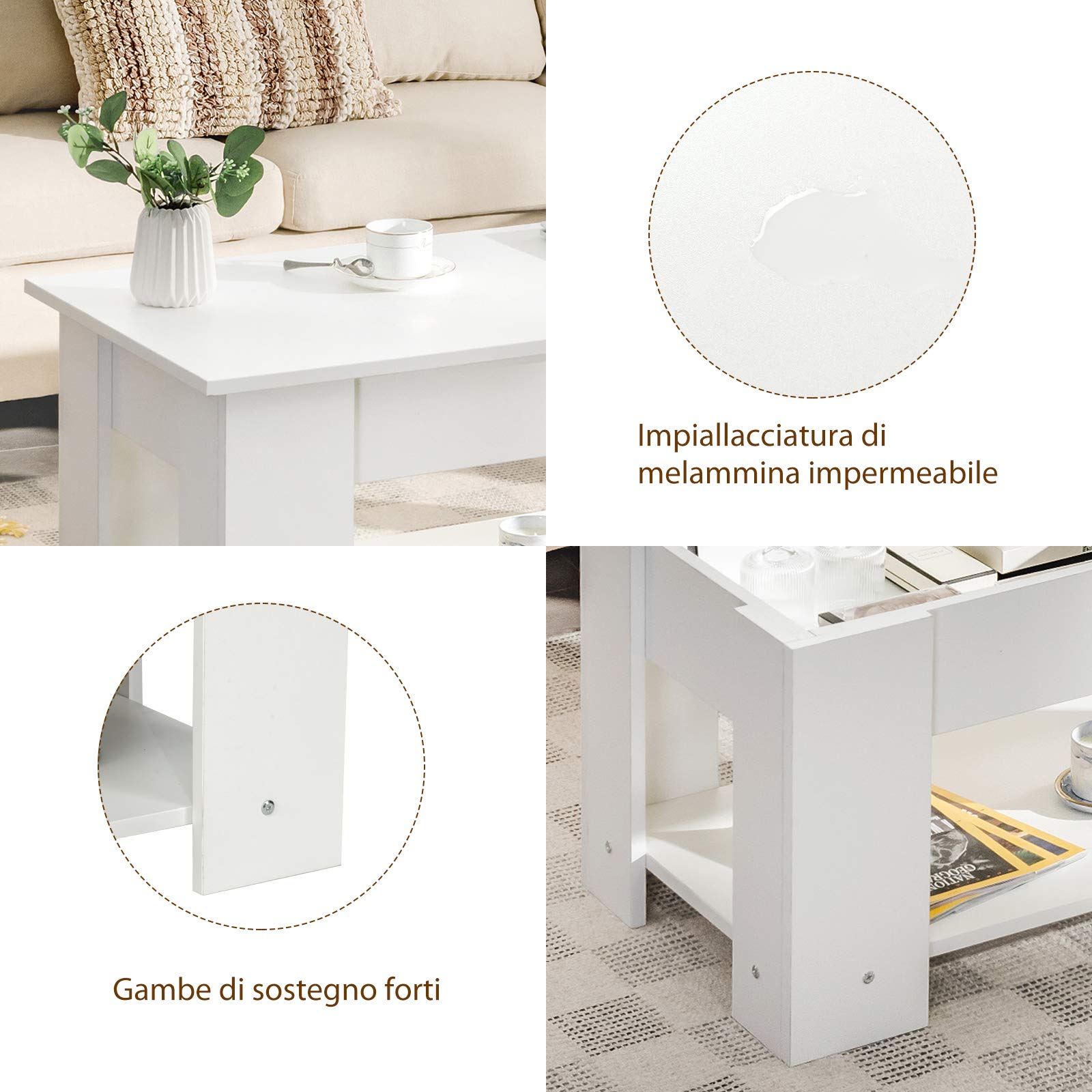 Tavolino Salotto Sollevabile Costway - Legno Con Scomparto Nascosto, Bianco - Foto 5