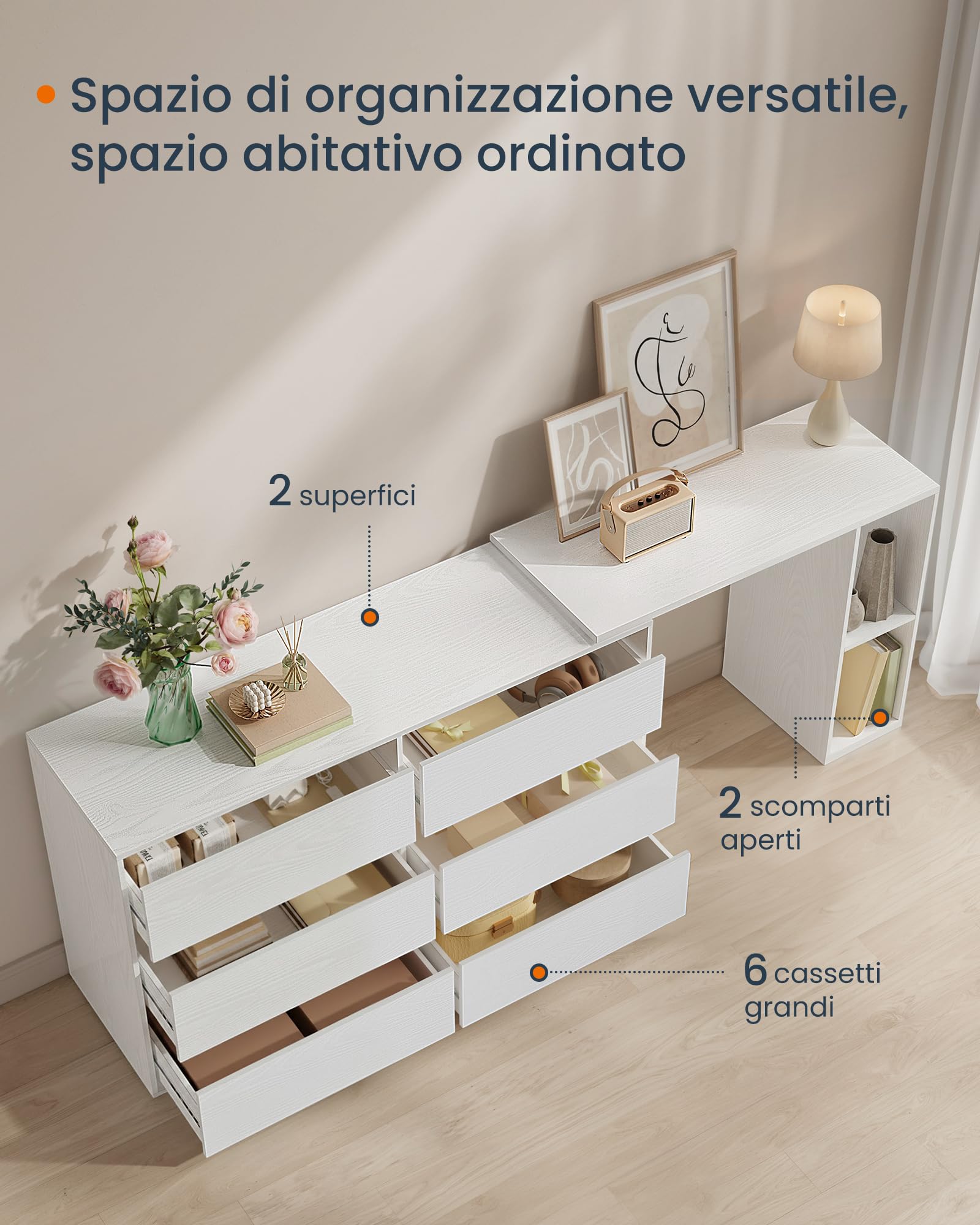 SONGMICS HOME Cassettiera Camera da Letto, Montaggio Rapido Senza Attrezzi Toolless, Scrivania Camera da Letto con Cassettiera Bianca, Toeletta Trucco, 6 Cassetti, Moderno, Bianco LTS656W01