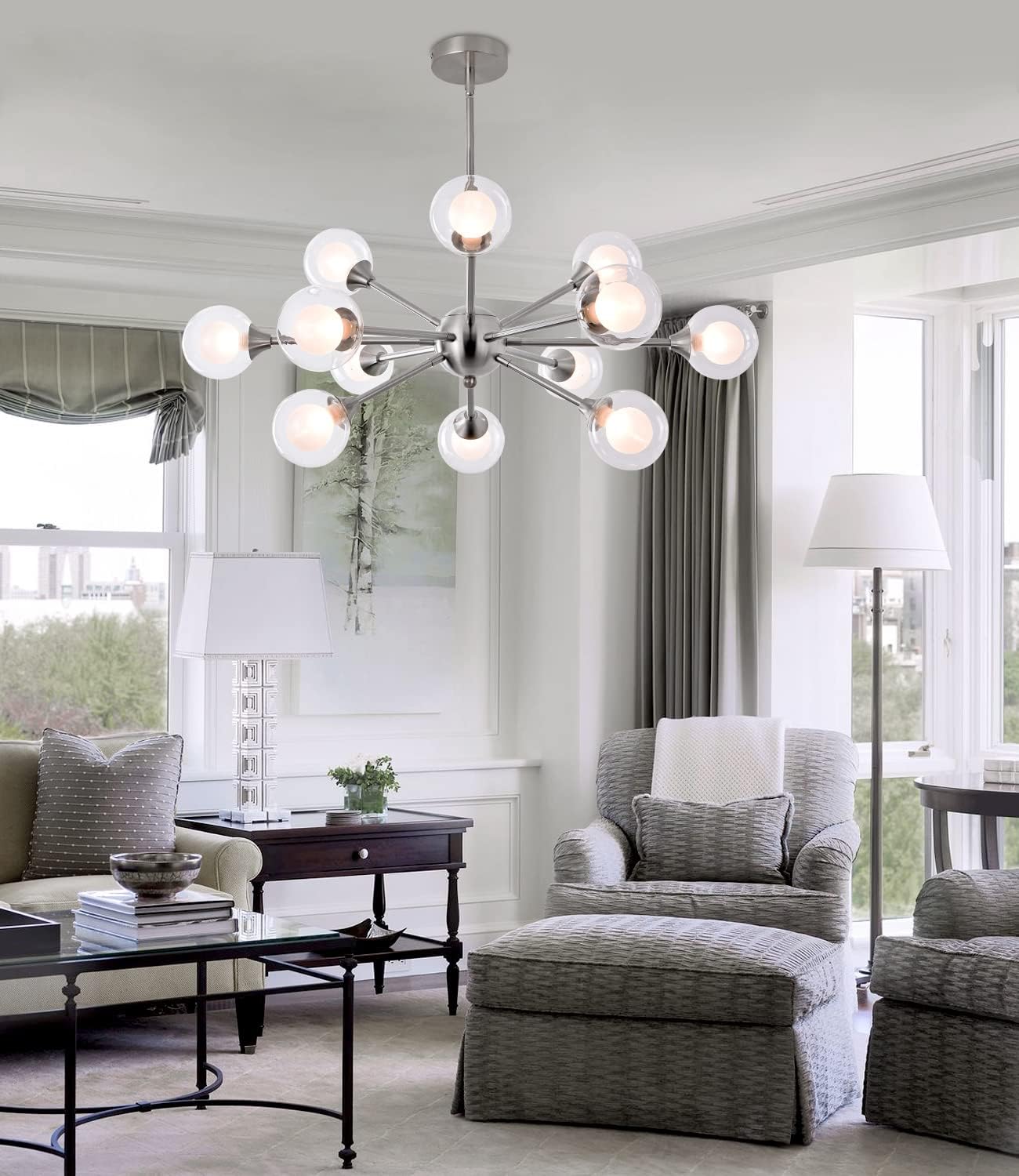 12 Lights Sputnik Chandelier Brushed Nickel Dining Room Lighting Fixtures Ceiling Hanging Modern Bubble Glass Ball Pendant Light Fixtures for Living Room Bedroom