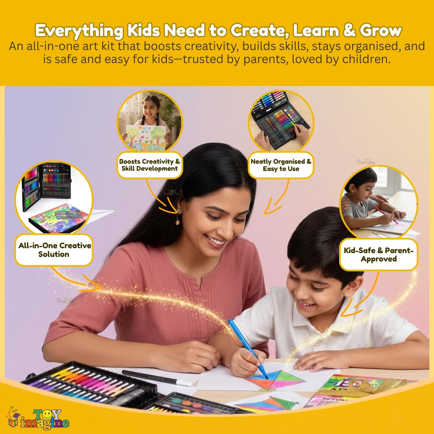 Toy Imagine 150 Pieces Colour Set Kit for Kids Art Set for Drawing Painting Stationery Kit with Crayons Markers Oil Pastels Water Colours & Carry Case Colour Set for Kids 6โ12 Art Craft Supplies Gift for Boys & Girls 3