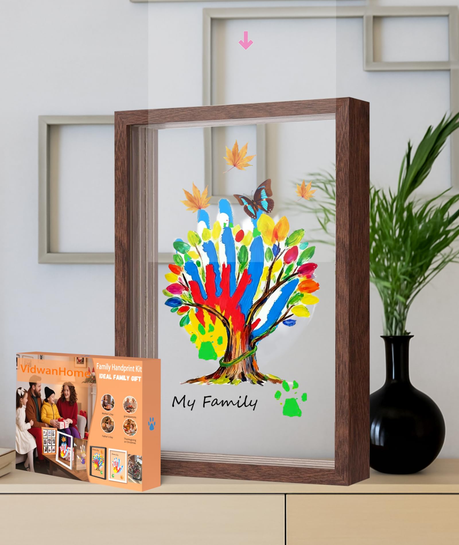 Kit per 4 impronte di mani con famiglia marrone, cornice in legno con 5 tavole acriliche trasparenti, ricordo fai da te per bambini, animali domestici, mamma, nonni, set artistico con vernice atossica