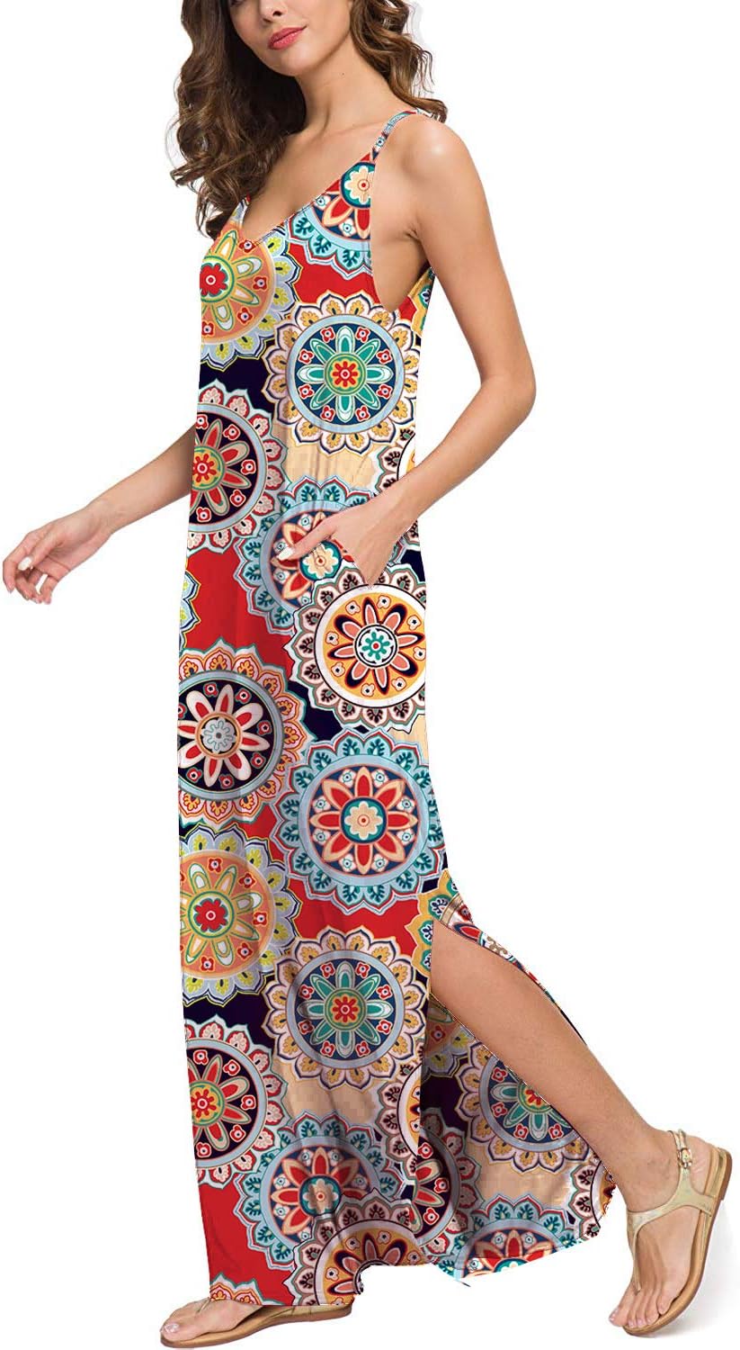Donnalla Womens Summer Casual Loose V-Neck Dress Sleeveless Long Nightgown Spaghetti Strap Split Maxi Dresses(Geometric Small)