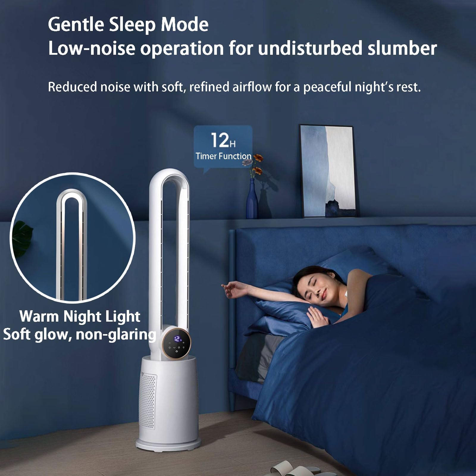 Ventilador de torre sin aspas, enfriador de aire oscilante interior con control remoto, filtro de aire, temporizador de 12 horas, luz nocturna, 12 ajustes de velocidad para el hogar y la oficina