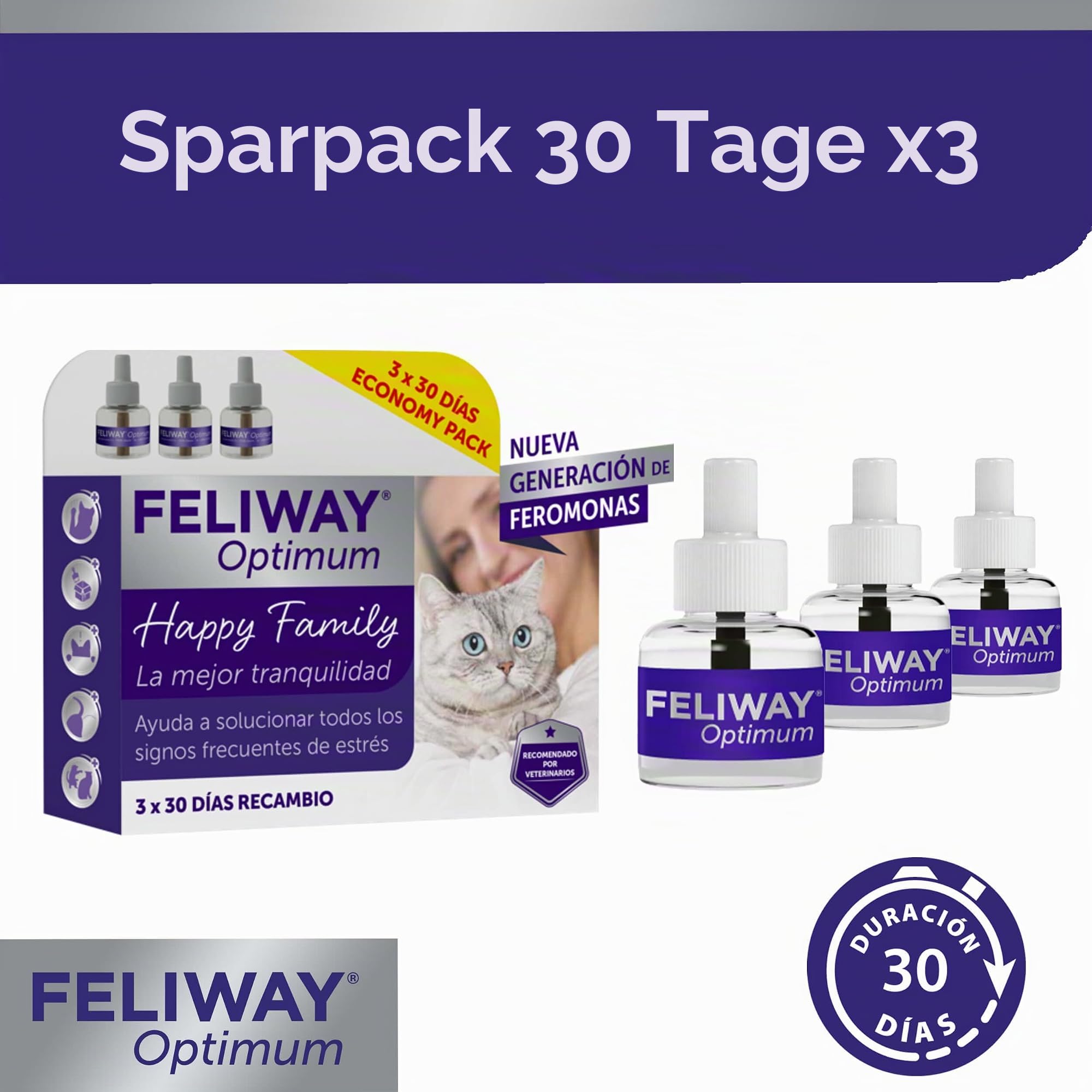 FELIWAY Optimum - Neue Generation von Pheromonen - löst alle Anzeichen von Stress der Katze - Kratzer, Ängste, Veränderungen, Urinmarkierung und Konflikte zwischen Katzen (3 Nachfüllungen)