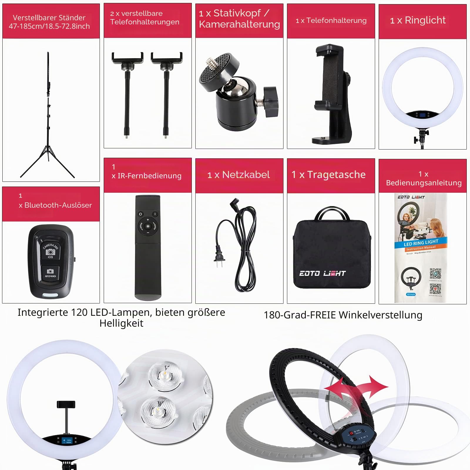 LED-Ringlicht mit Stativständer, Ringlicht, 48,3 cm, LCD-Display, Touchscreen, dimmbares Licht für Make-up, Studio, Porträt, Vlog, Videoaufnahmen, mit Tragetasche und Fernbedienung, CRI>97
