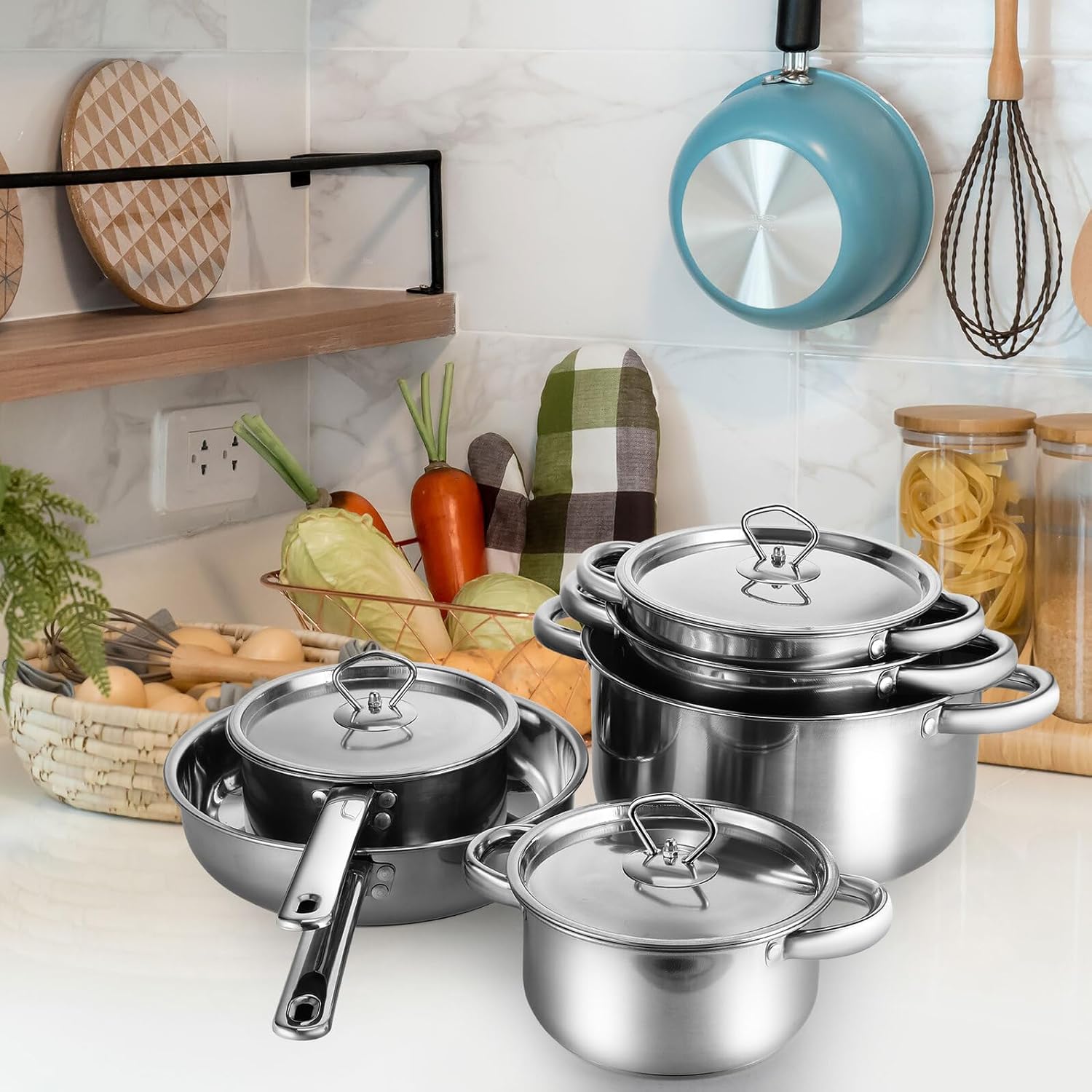 15pcs Stainless Steel Cookware Set with Utensils, Induction Compatible Pots and Pans Set, Multi-size Saucepan and Frying Pans with Lids for Gas, Electric Kitchens