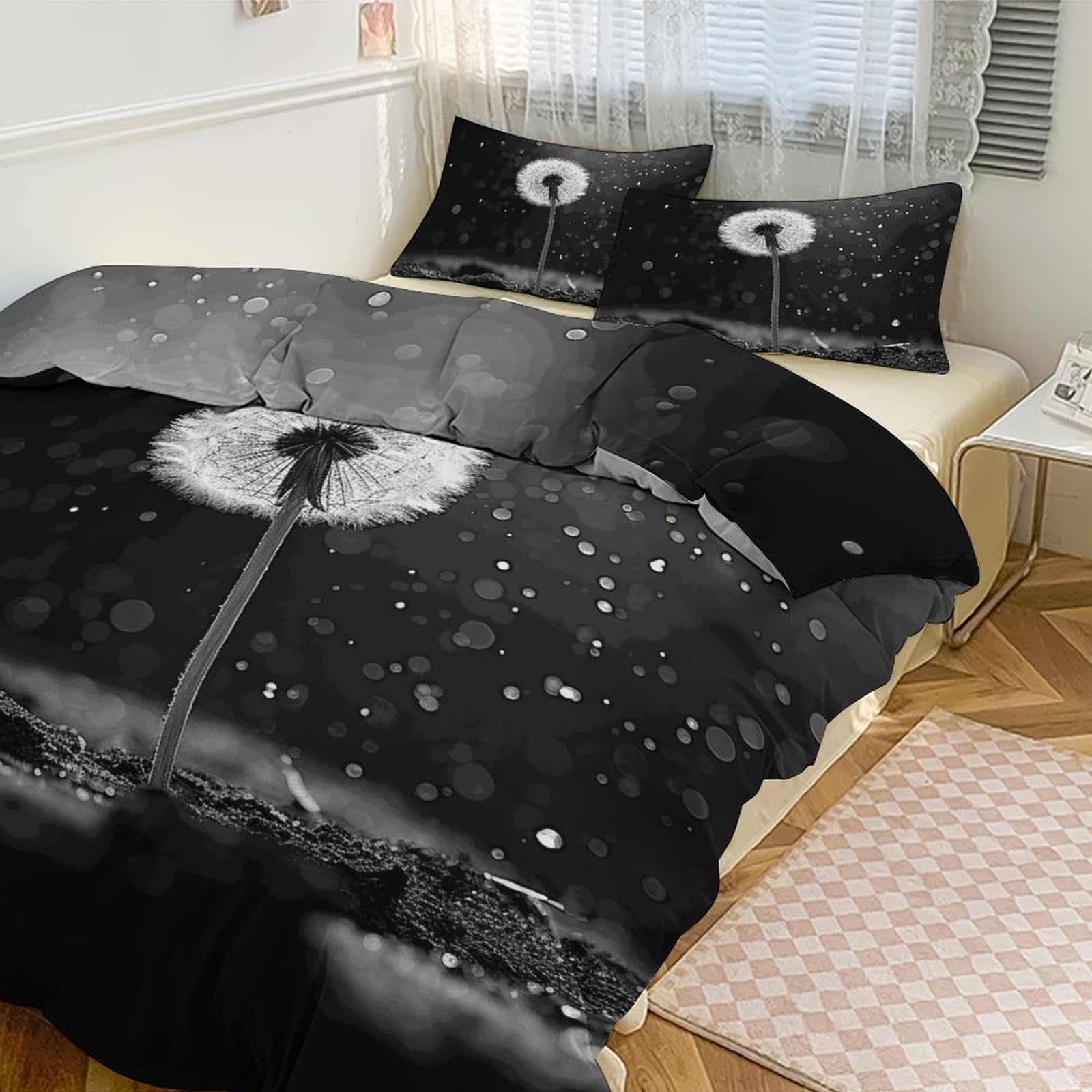Ensemble de 3 pièces couette grand lit pissenlit noir blanc