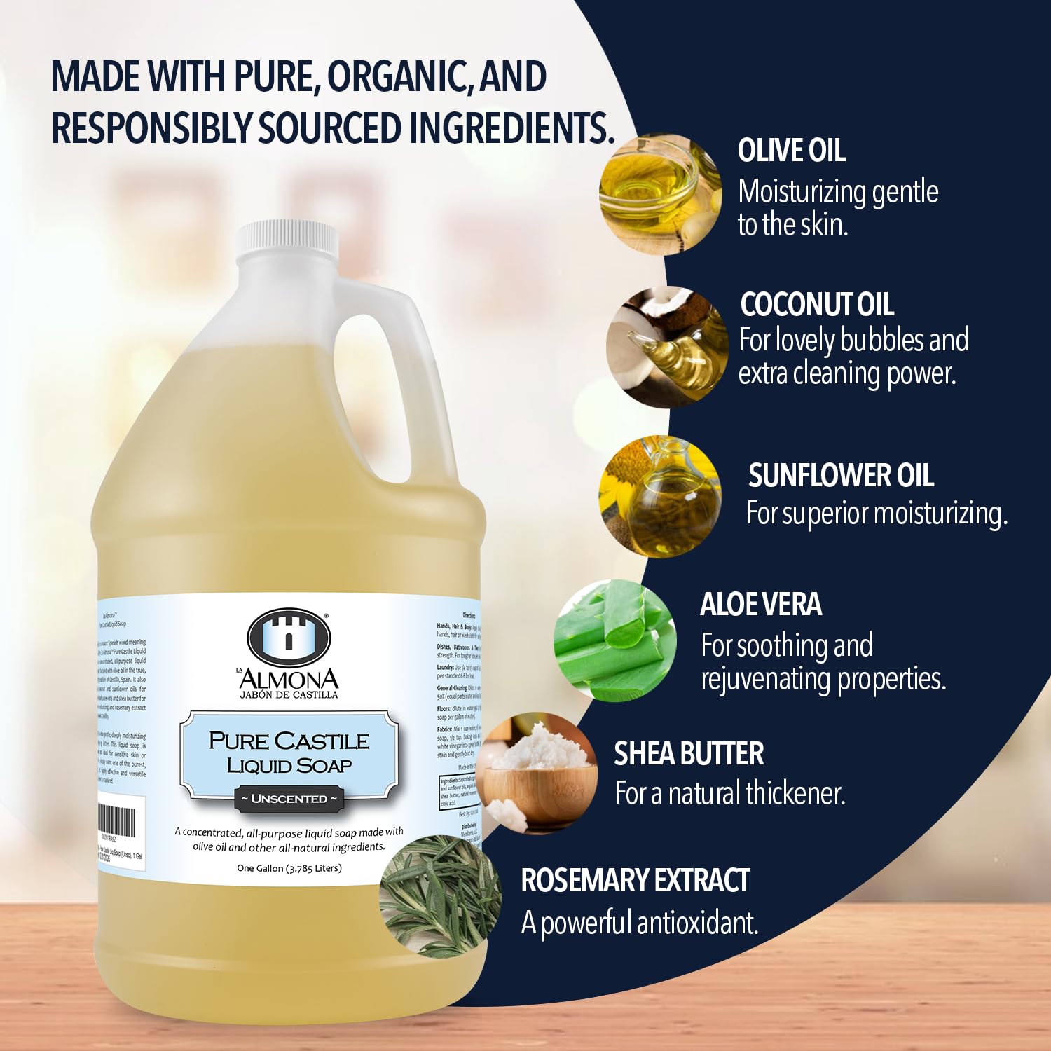 Pure Castile Liquid Soap, UNSCENTED, 1 Gallon - Multipurpose: Hands, Face, Body, Laundry, Dishes & More - For Sensitive Skin, All-Natural Ingredients, Fragrance Free - Image 4