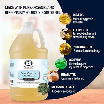 La Almona - Pure Castile Liquid Soap, UNSCENTED, 1 Gallon - Multipurpose: Hands, Face, Body, Laundry, Dishes & More - For Sensitive Skin, All-Natural Ingredients, Fragrance Free