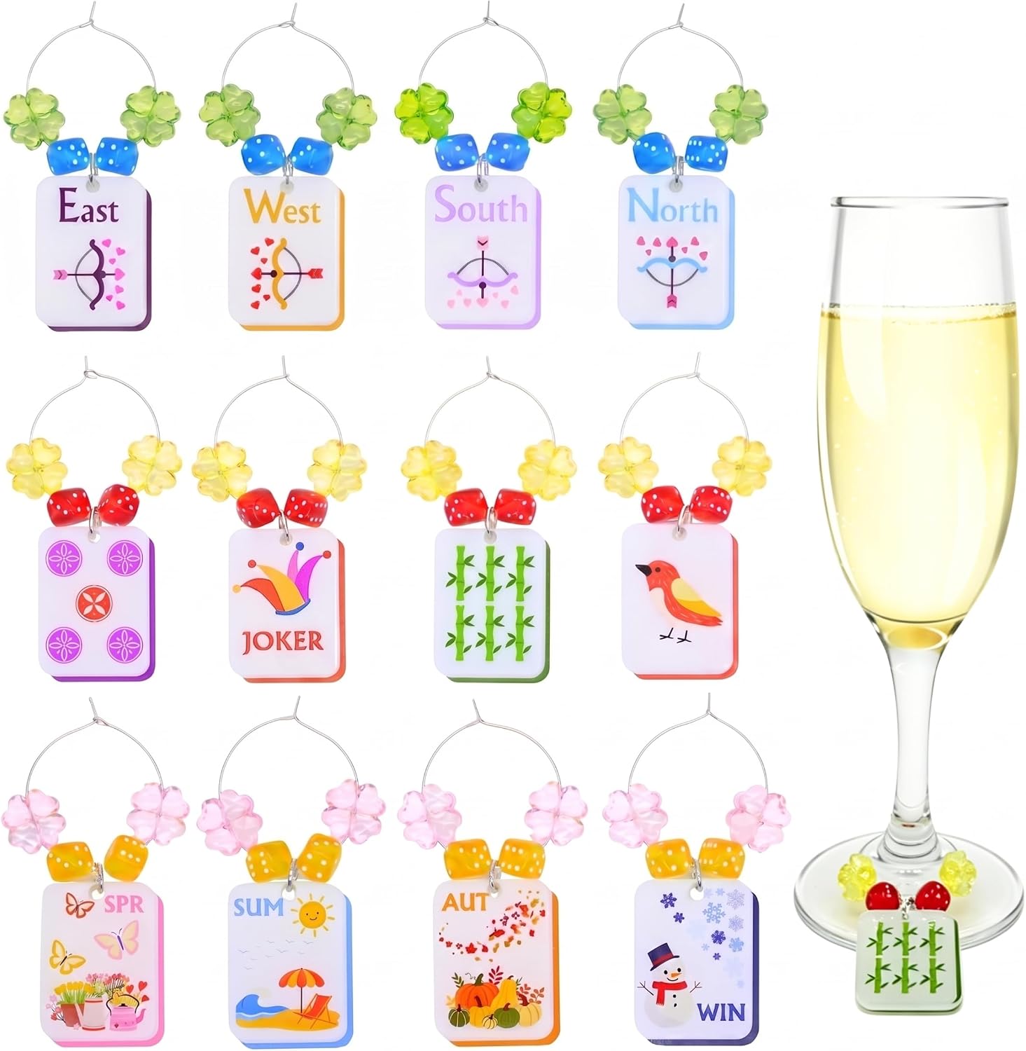12 Pcs Mahjong Wine Charms, Mahjong Wine Glass Tags for Stem Glass