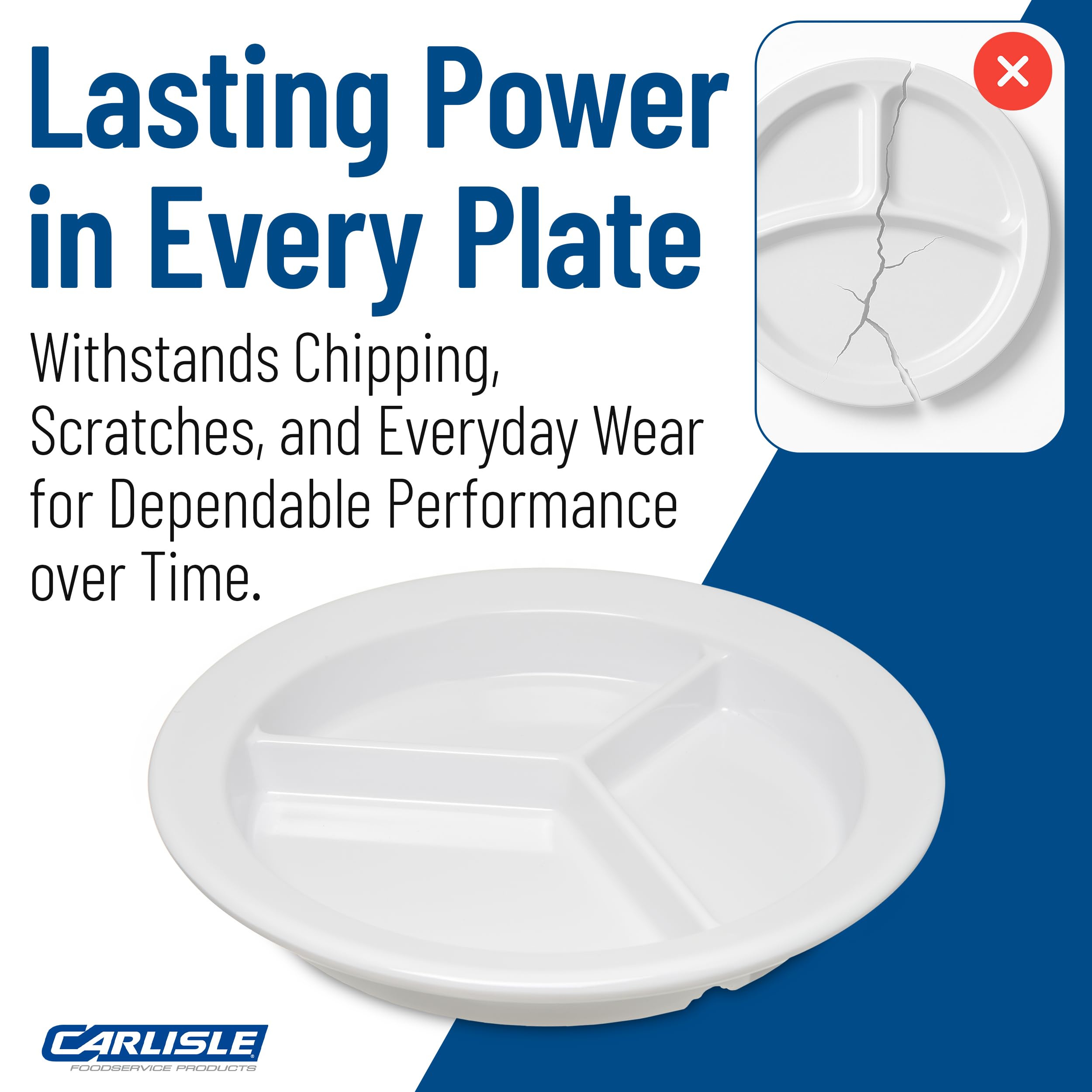 Carlisle FoodService Products Dallas Ware Lot de 24 assiettes divisées en plastique réutilisables avec 3 compartiments pour hôpitaux, écoles et maison, mélamine, 22,9 cm, blanc, taille M