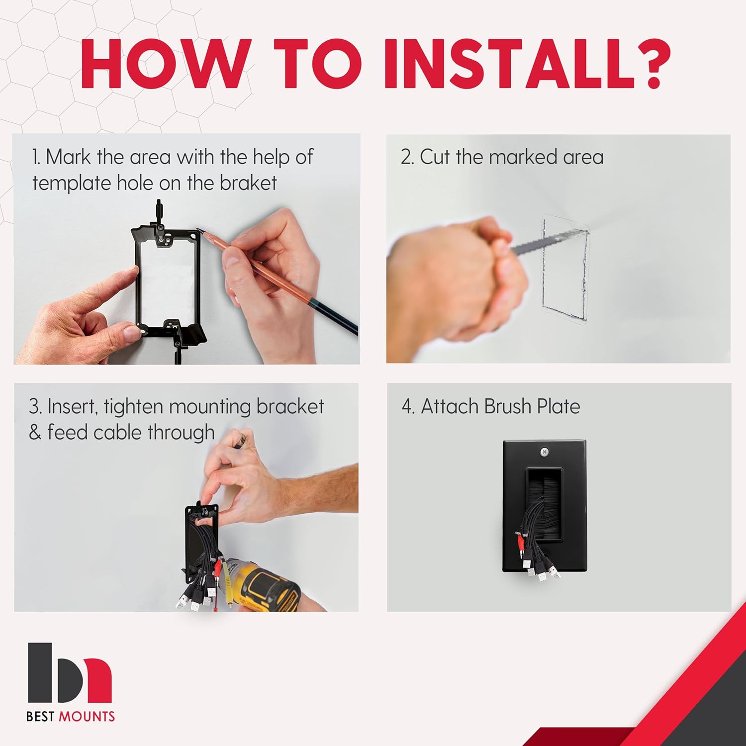 10 Pack Brush Wall Plate with 5 Pack Mounting Bracket, Cable Pass Through Decorator Cover for Low Voltage Wires, Single Gang Cord Hider for TV Home Theater System