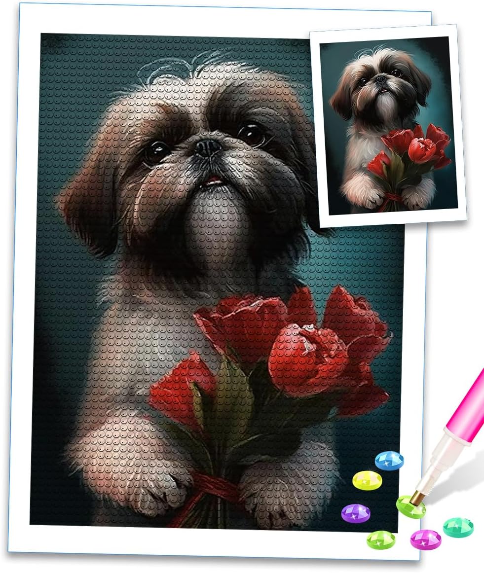 TUTUMAY21 Christmas Gift Shih Tzu Dog Diamond Painting Animals Red Flowers 5D Diamond Painting Art Kits for Home Wall Decor for Beginners for New Year Valentine's Day 12x16 inch