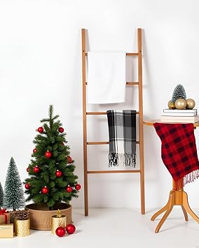 VICTORY RELAX Acacia Wood Blanket Ladder, 6-Tier Wooden Blankets Holder for Living Room, Decorative Rack for Storage, Rustic Shelf for Farmhouse Bathroom - Light Natural