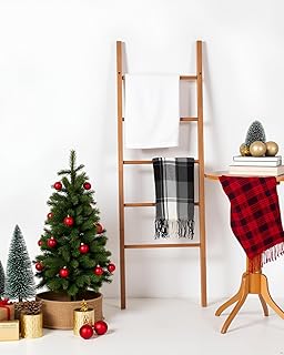Acacia Wood Blanket Ladder, 6-Tier Wooden Blankets Holder for Living Room, Decorative Rack for Storage, Rustic Shelf for Farmhouse Bathroom - Light Natural