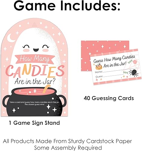 Miniatura 4 de Big Dot of Happiness Pastel Halloween - Juego de fiesta de calabaza rosa cuántos caramelos - 1 soporte y 40 cartas - Juego de adivinanzas de dulces